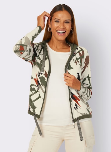 Kapuzenstrickjacke mit Druck und Glitzersteinchen - champagner-khaki-bedruckt
