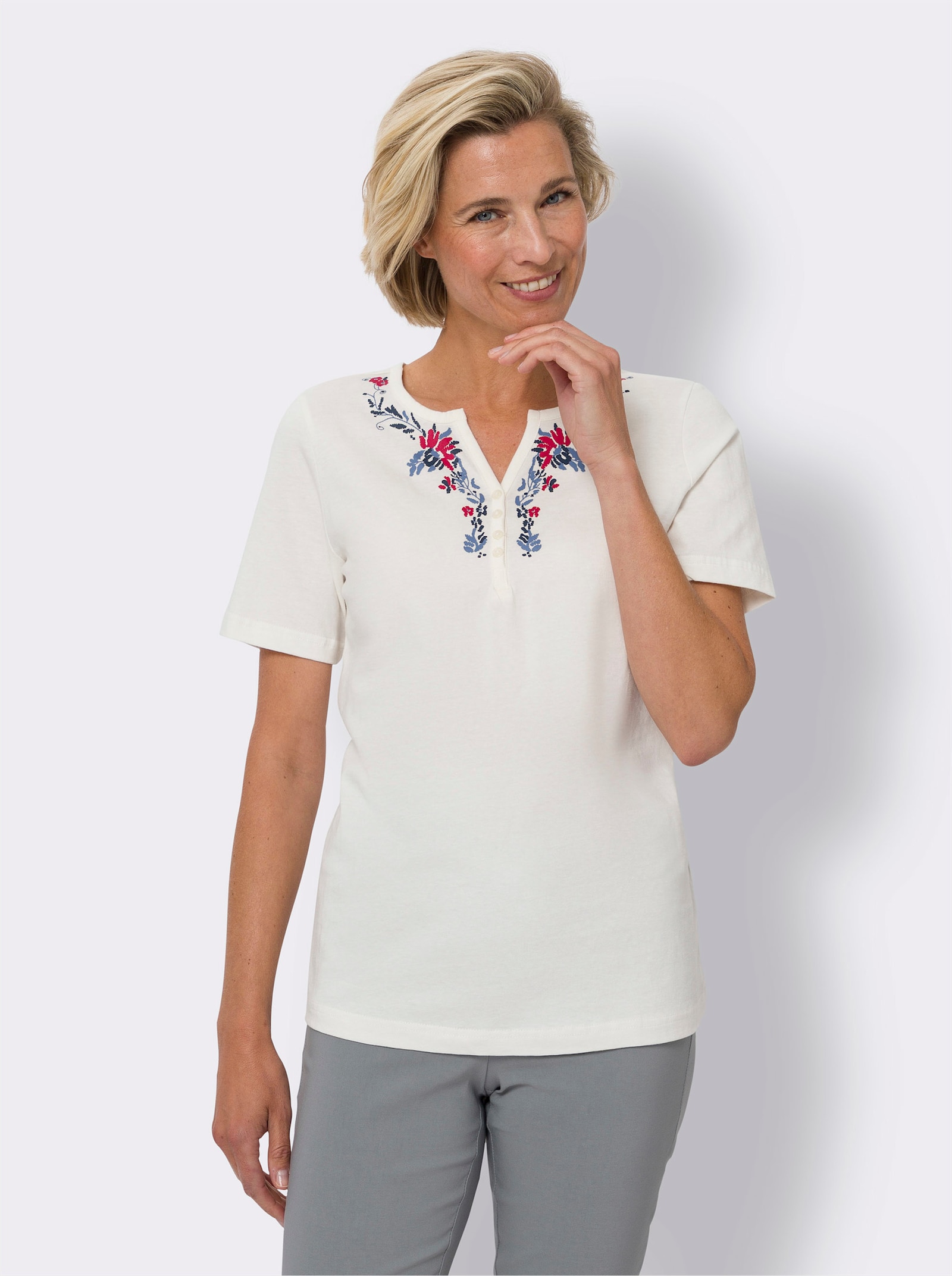 Kurzarmshirt mit platziertem Floral-Print - ecru-rot