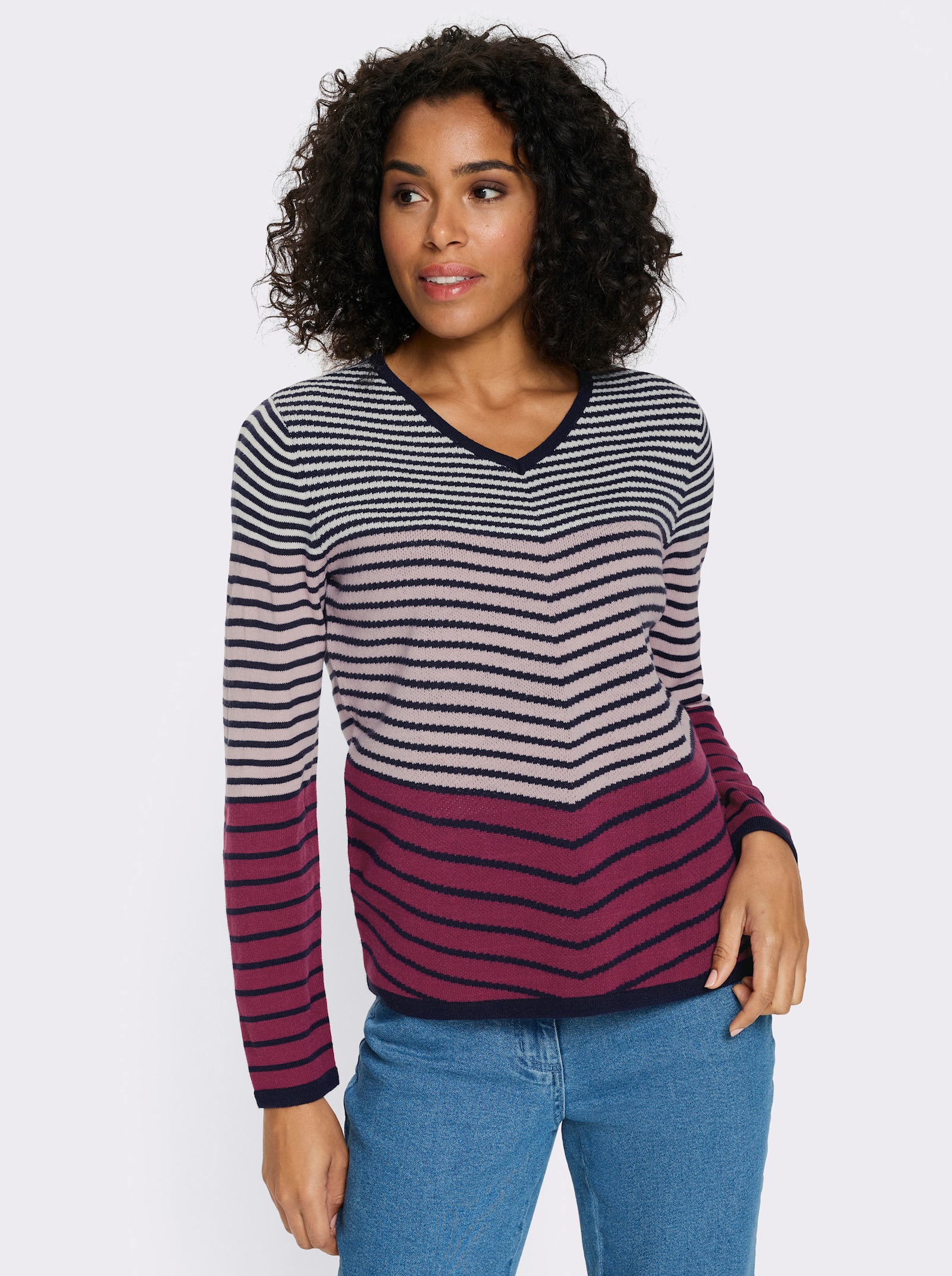 Langarm-Pullover mit Ringel-Muster, Jacquard - mauve-marine-geringelt