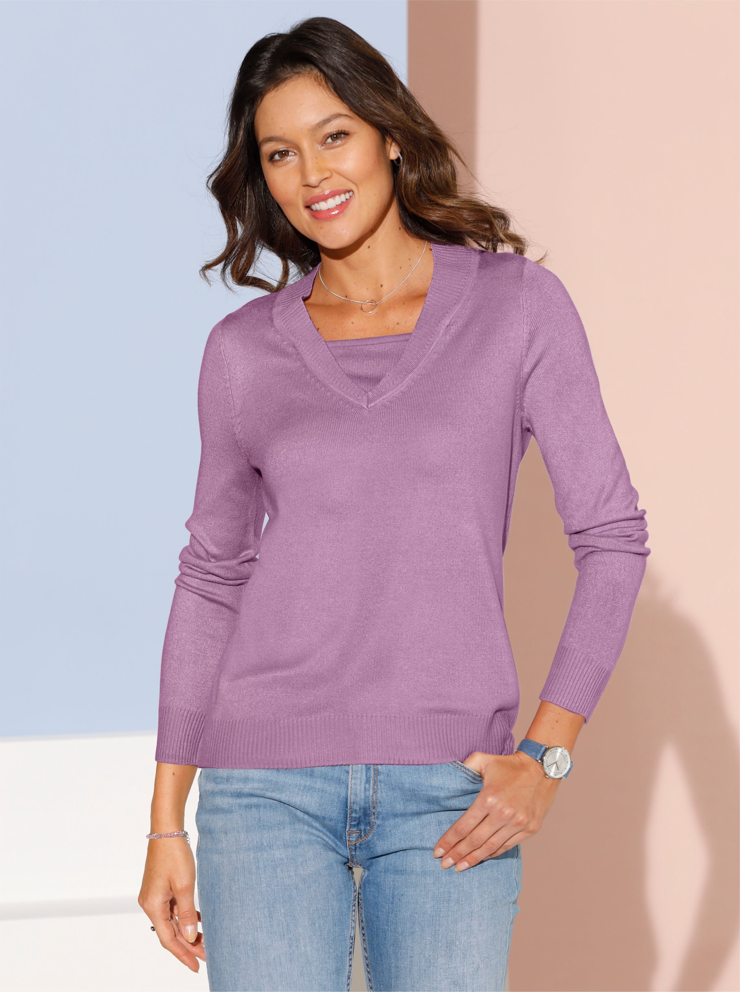 Witt Damen 2-in-1-Pullover mit V-Ausschnitt, weich, orchidee