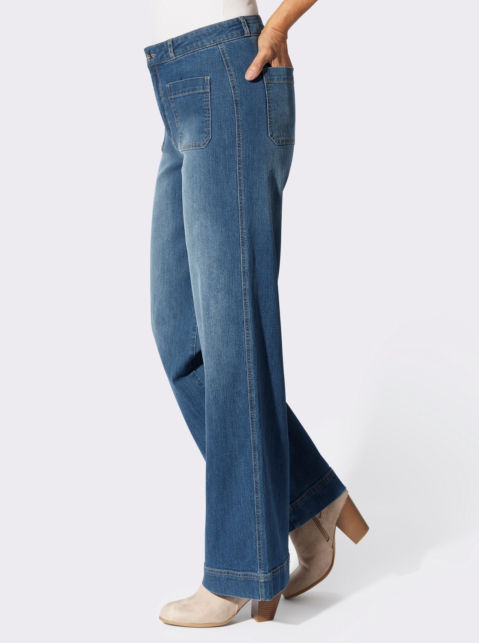 Jeans mit Steppnähten, kontrastfarben - blue-stone-washed