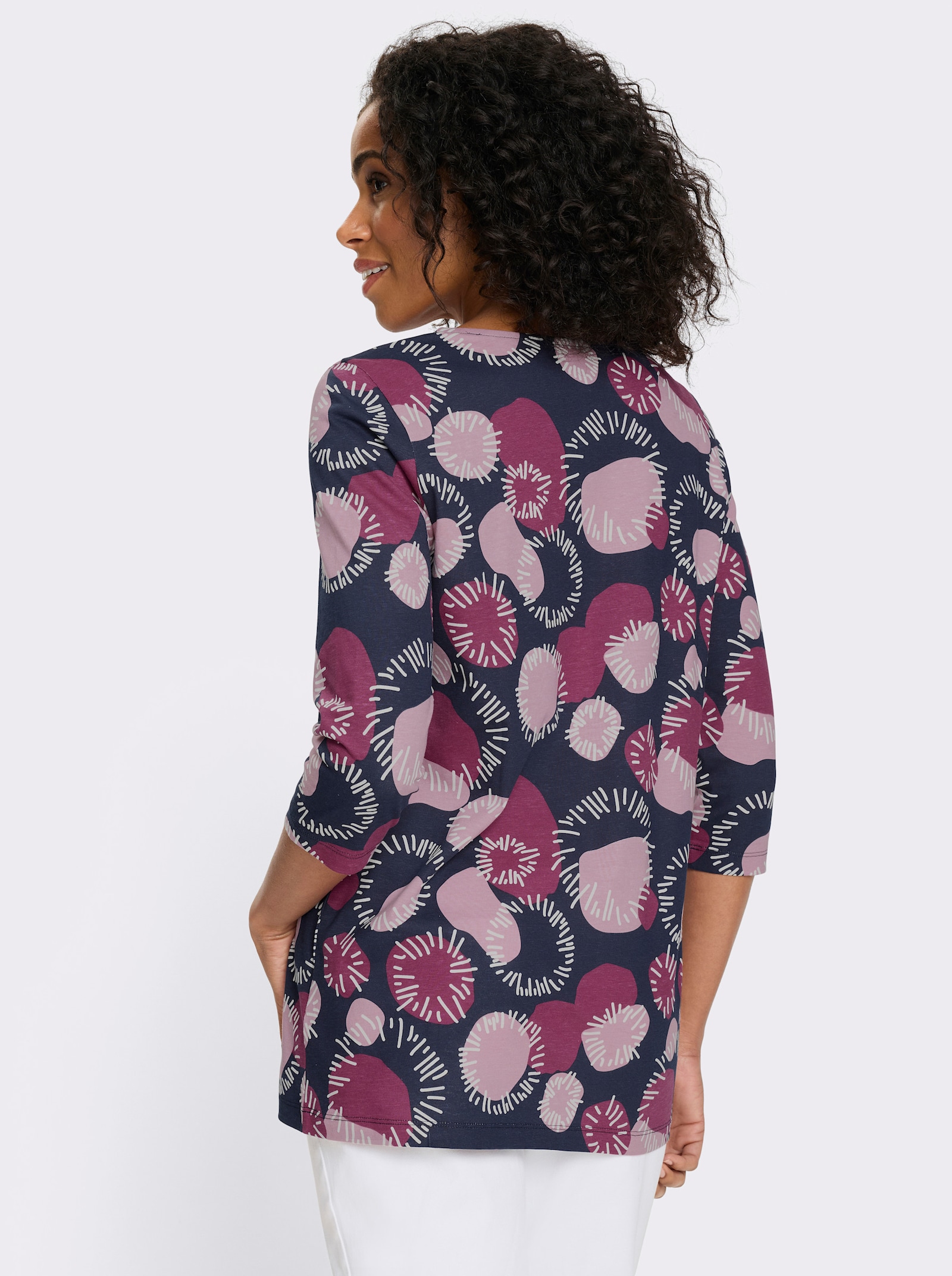 Lang shirt met 3/4-mouwen, katoen - oudroze/mauve bedrukt