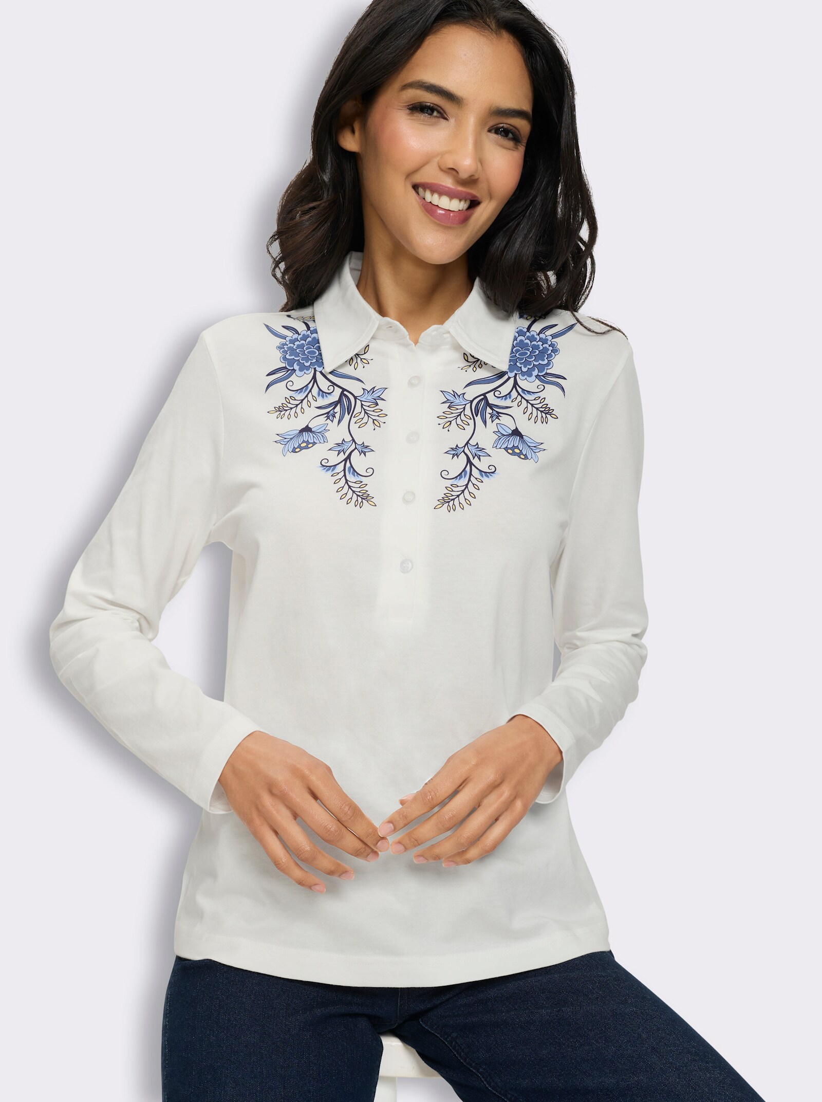 Poloshirt mit kurzer Knopleiste - ecru-jeansblau-bedruckt
