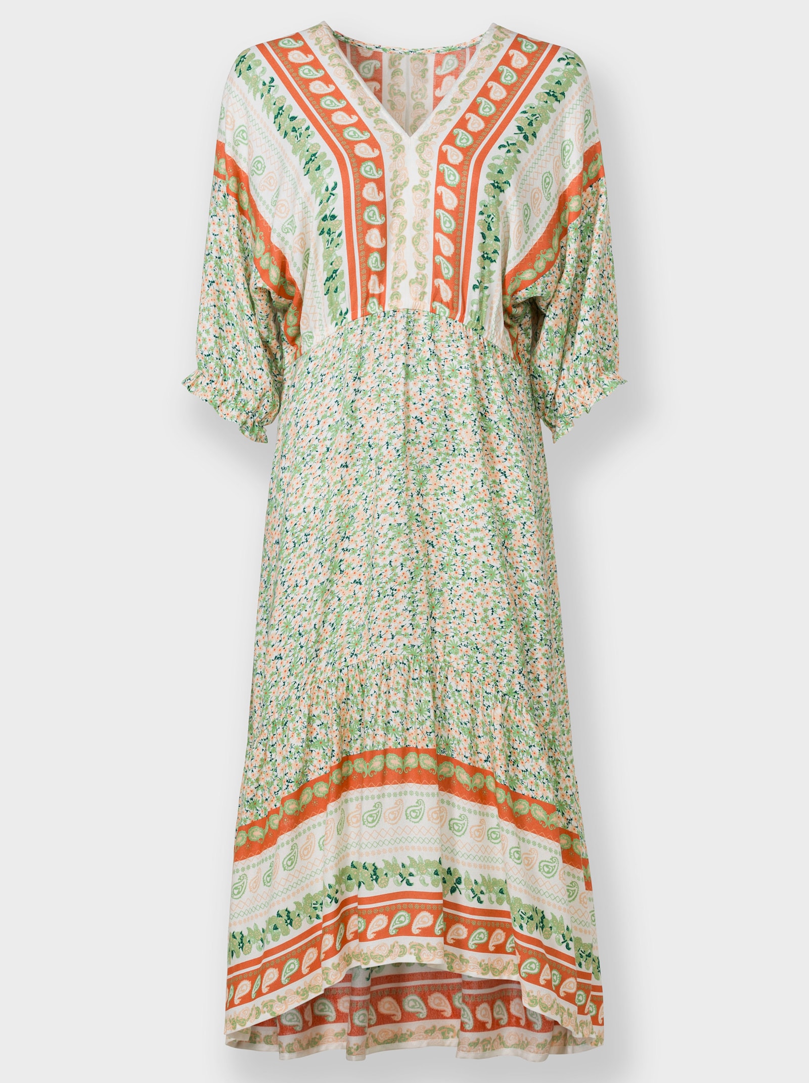 Sommerkleid mit Fledermaus-Ärmeln - ecru-orange-gemustert