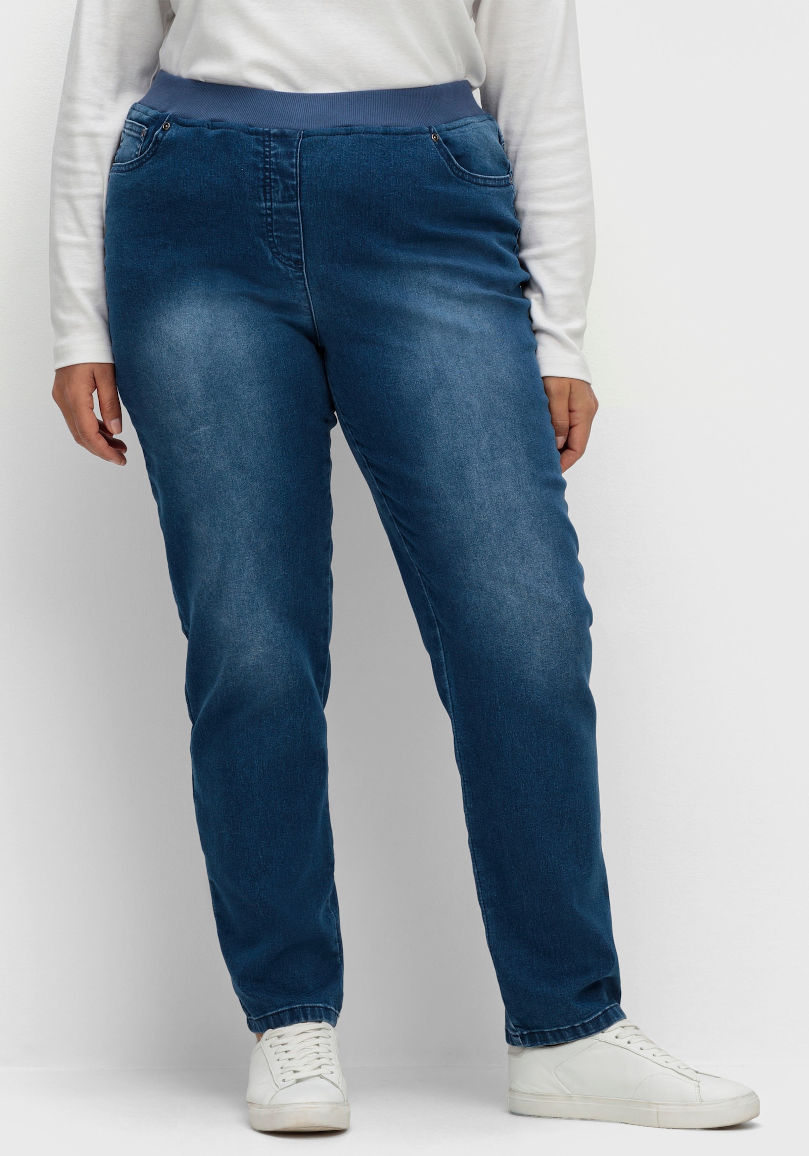 Schlupfjeans mit geripptem Strick-Dehnbund - blue-stone-washed