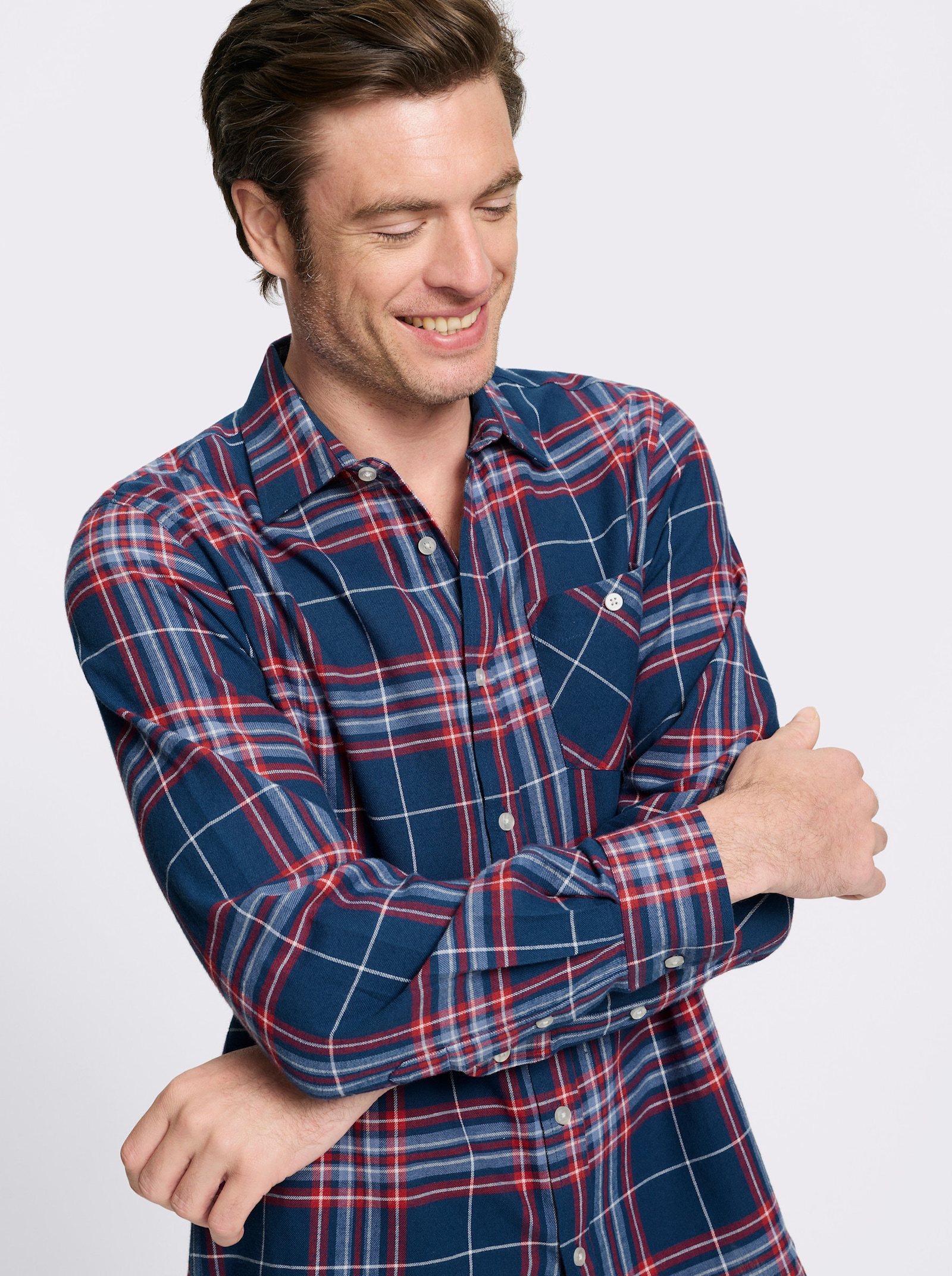 Catamaran Langarmhemd aus Baumwoll-Flanell - dunkelblau-erdbeere-kariert