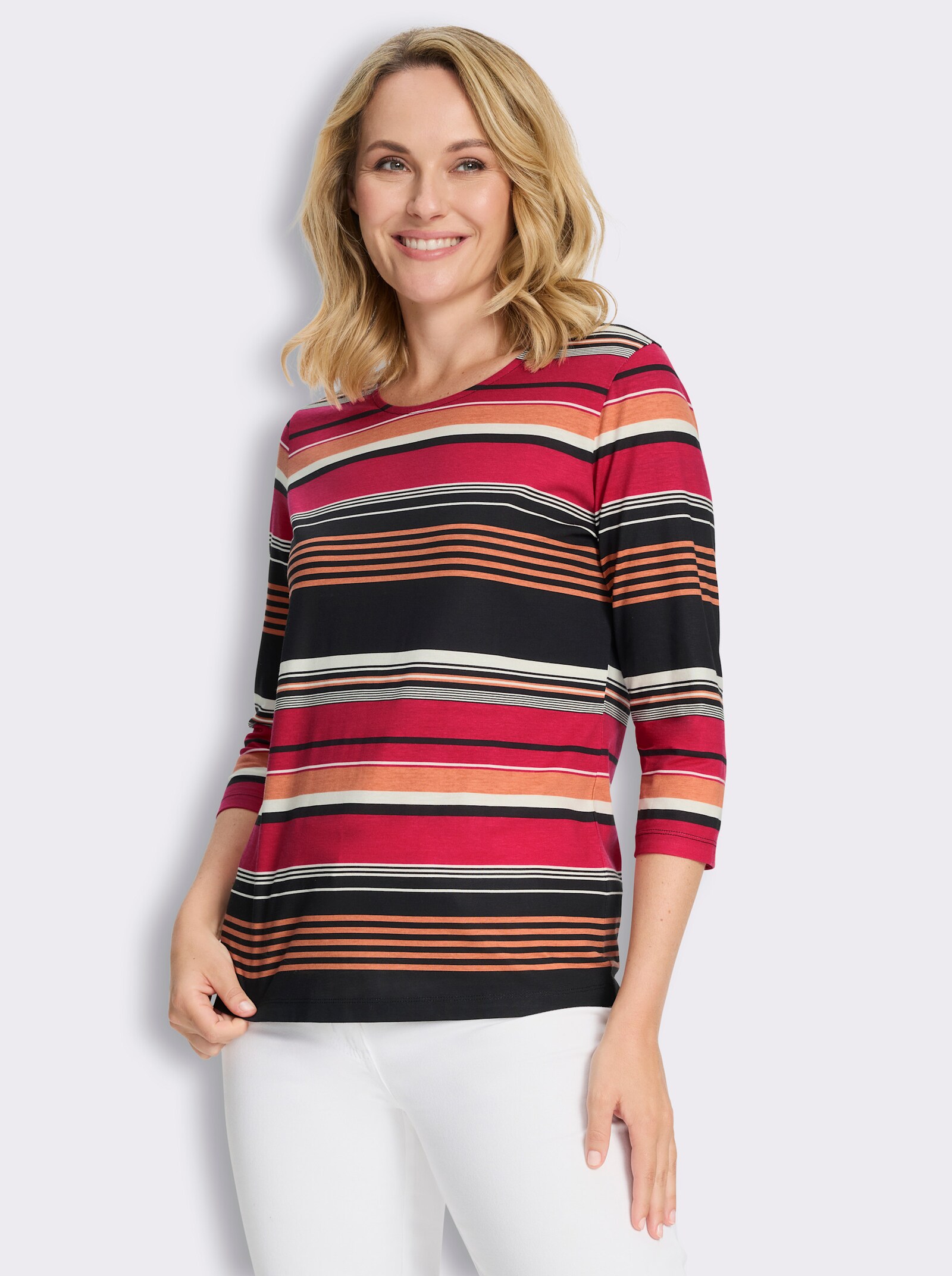 3/4-Arm-Shirt aus Baumwolle, gestreift - erdbeere-schwarz-geringelt