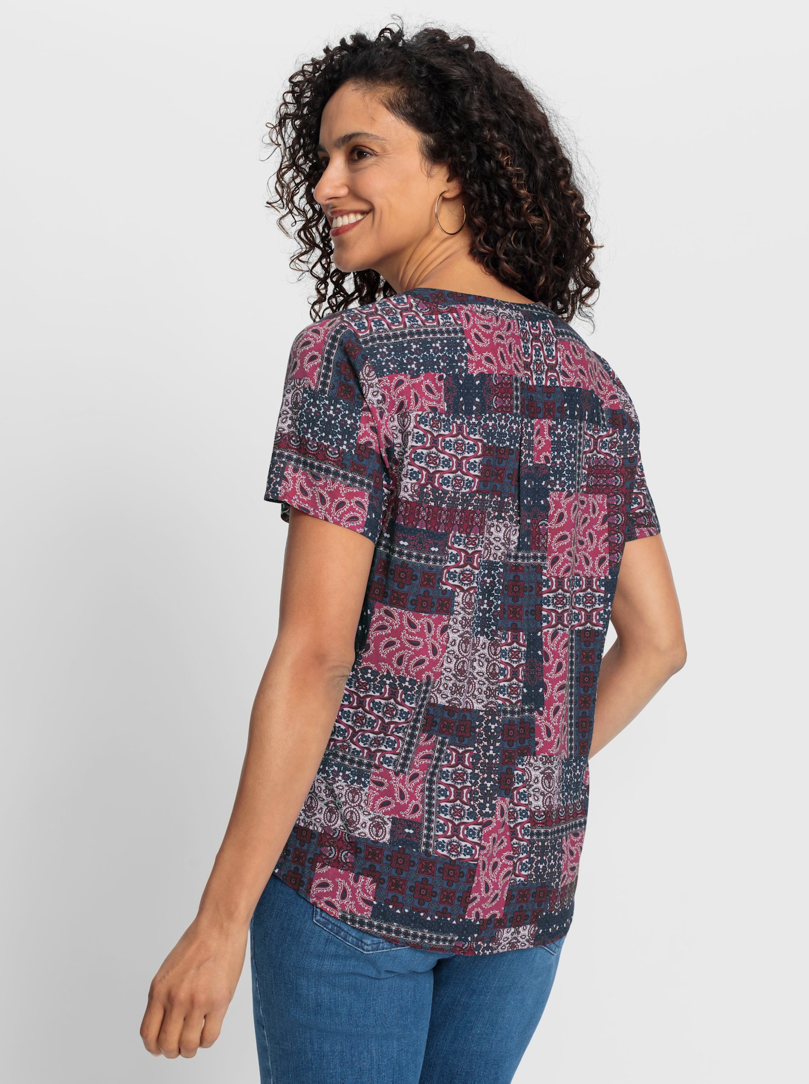 Kurzarmbluse mit Patchwork-Druck - erika-jeansblau-bedruckt
