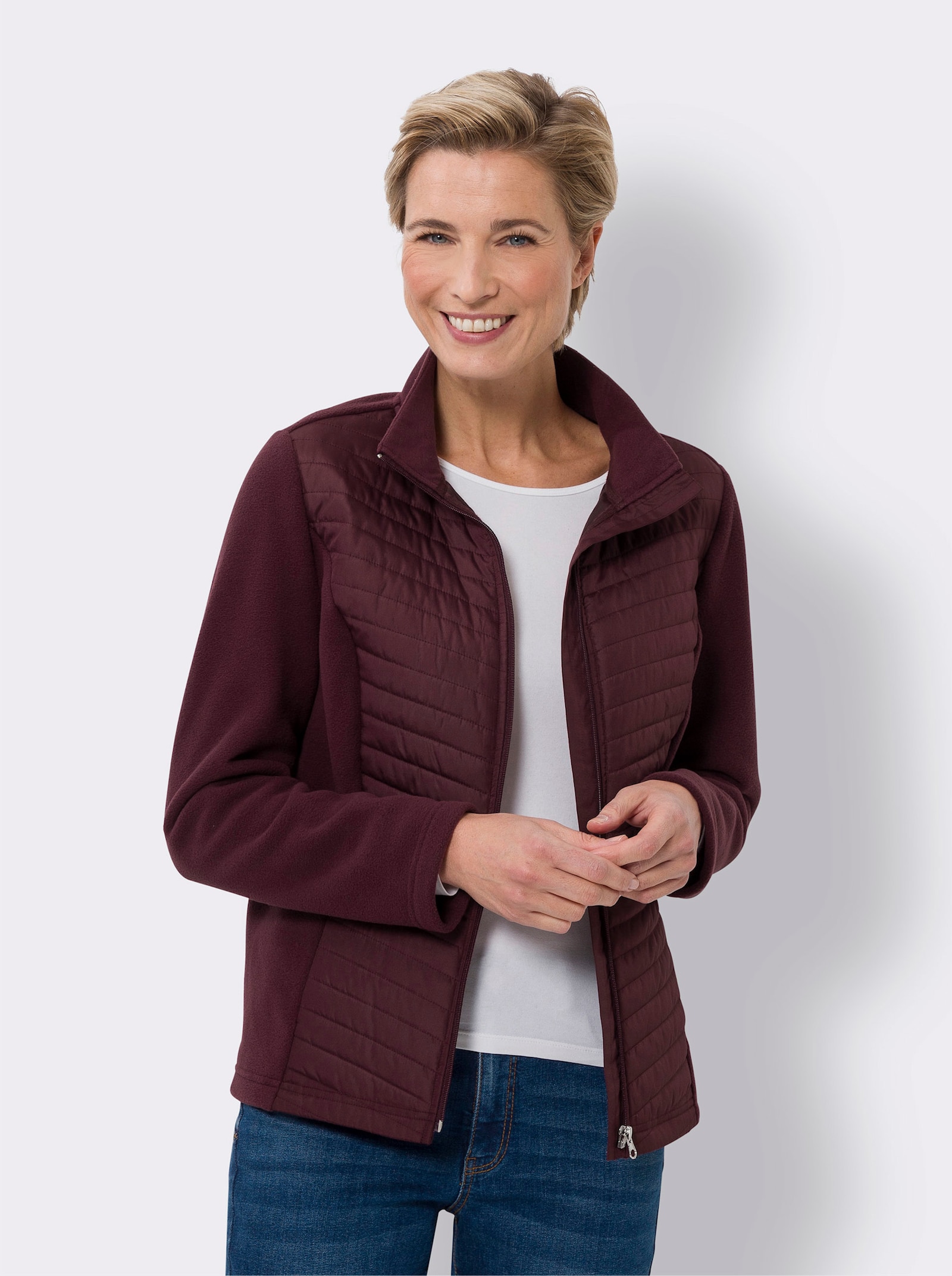 Fleecejacke im Materialmix mit Stepp - burgund