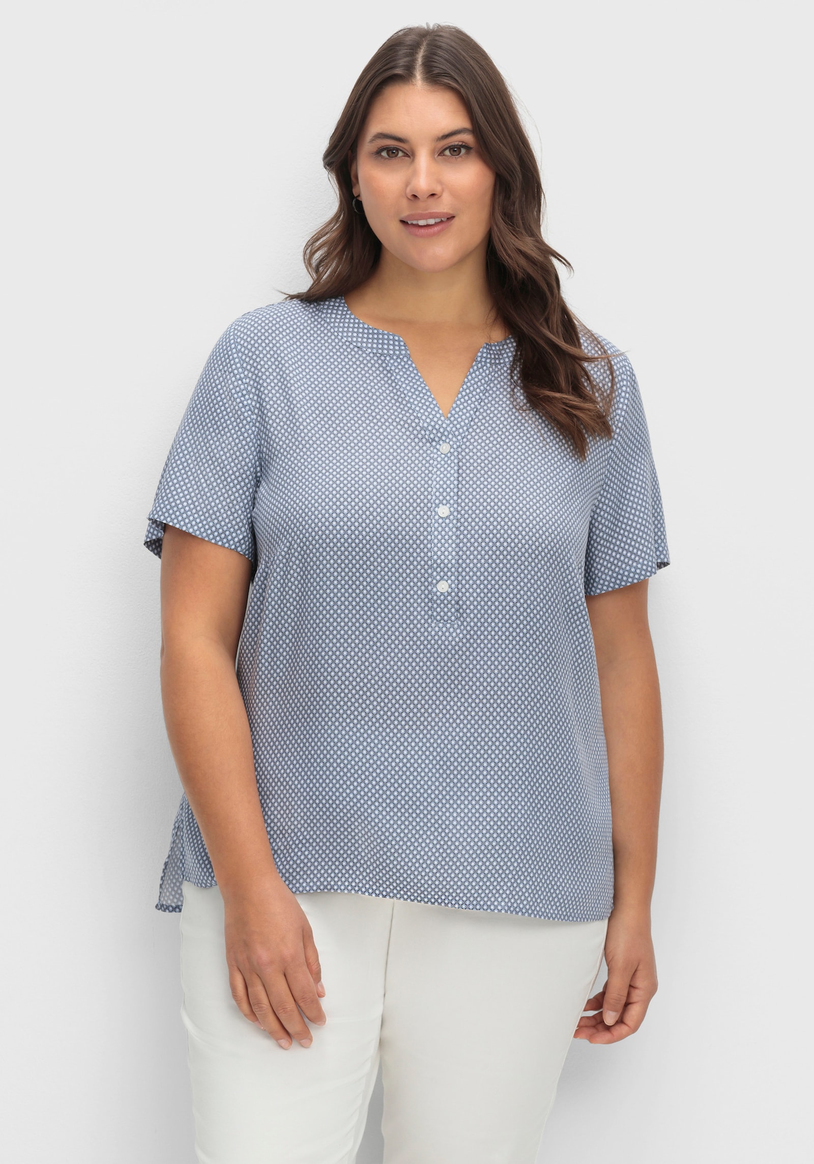 Schlupfbluse im Minimaldessin, aus Viskose - bleu-rauchblau-bedruckt