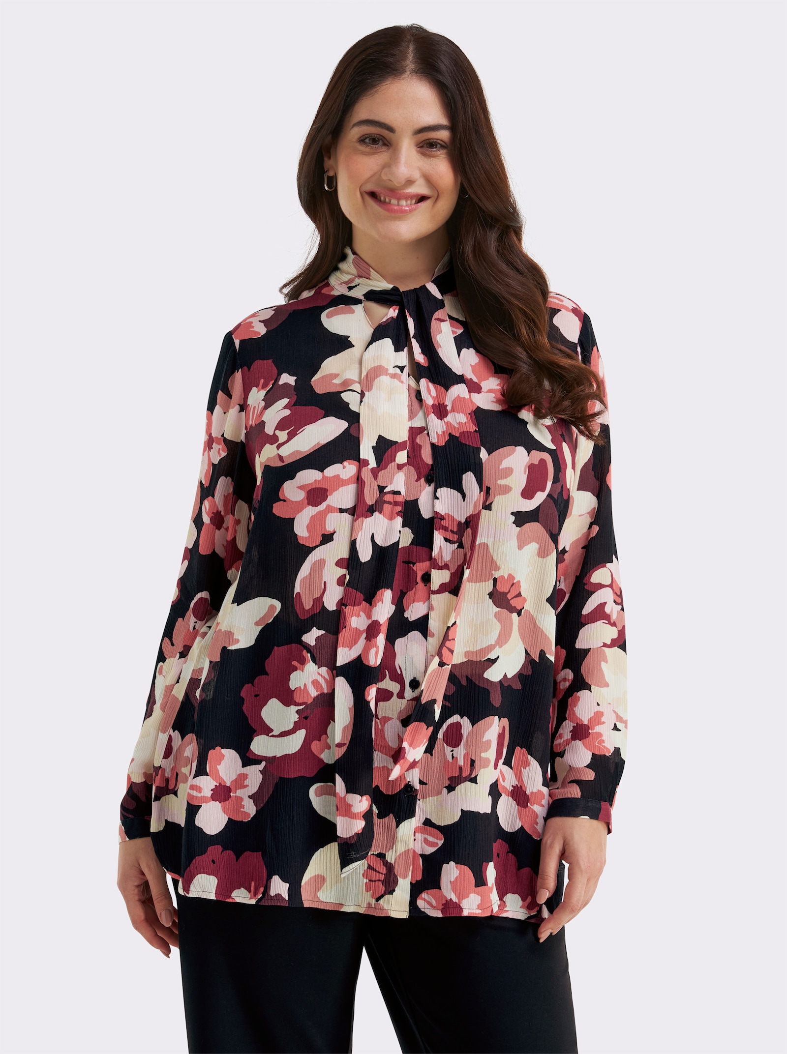 sheego Schluppenbluse mit Blumenprint - schwarz-koralle-bedruckt