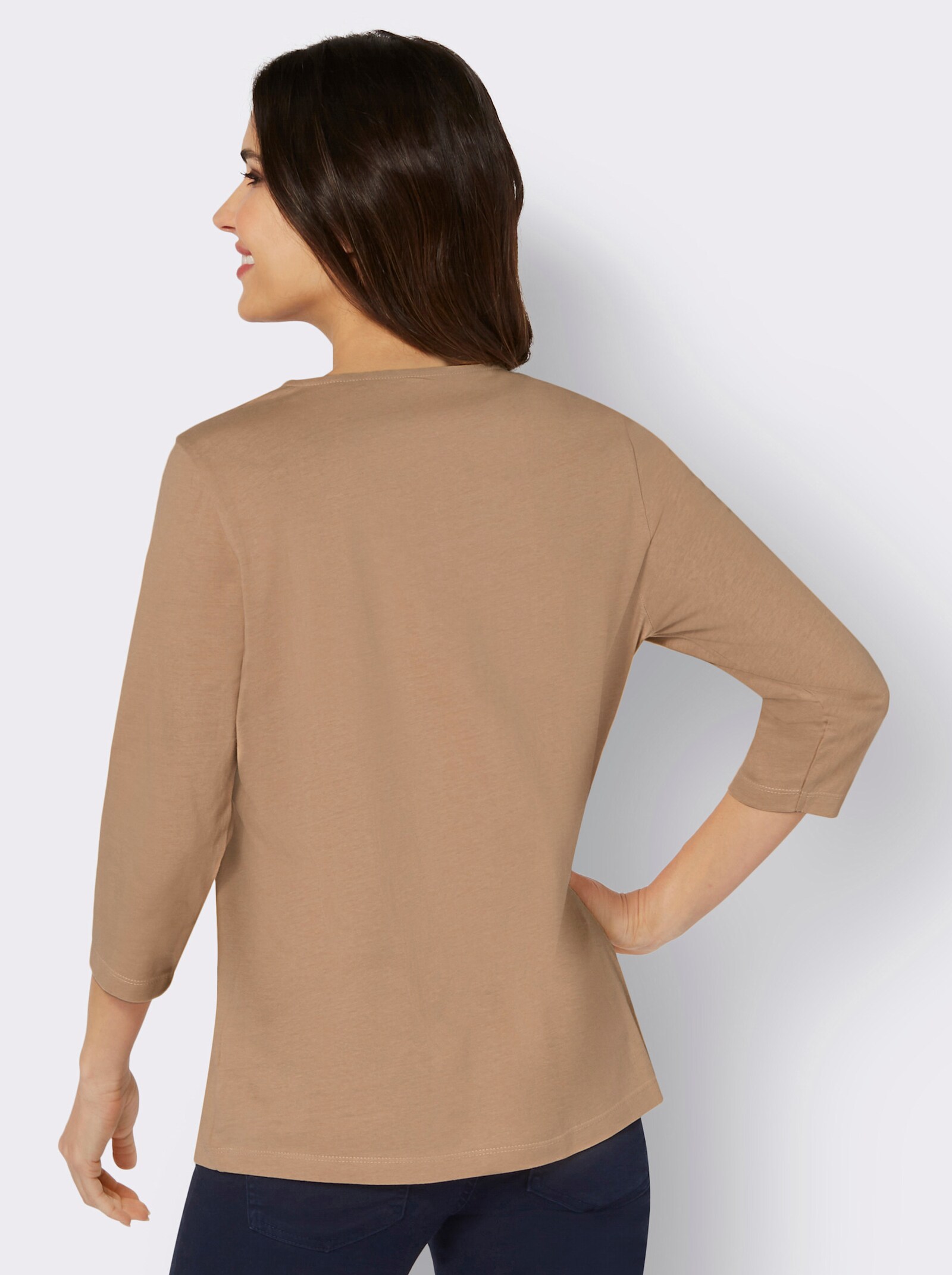 Shirt met 3/4-mouwen en versiering van pailletten - camel