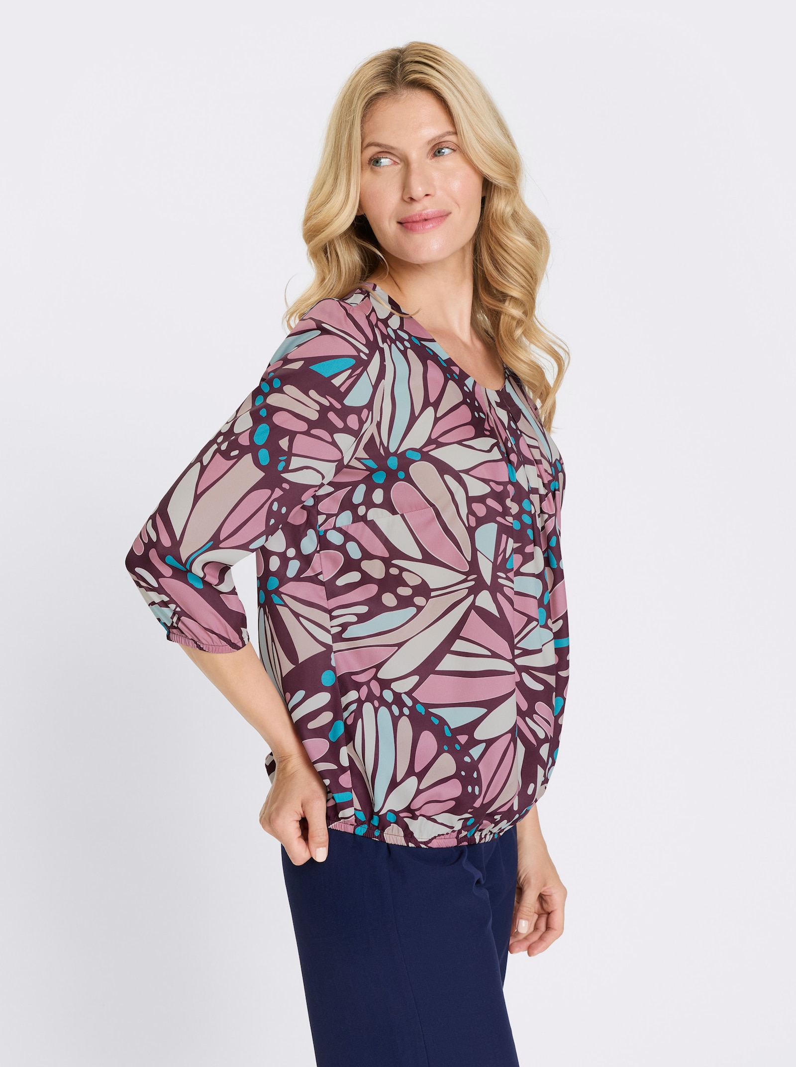 Comfortblouse met elastische boordjes - oudroze/turquoise bedrukt