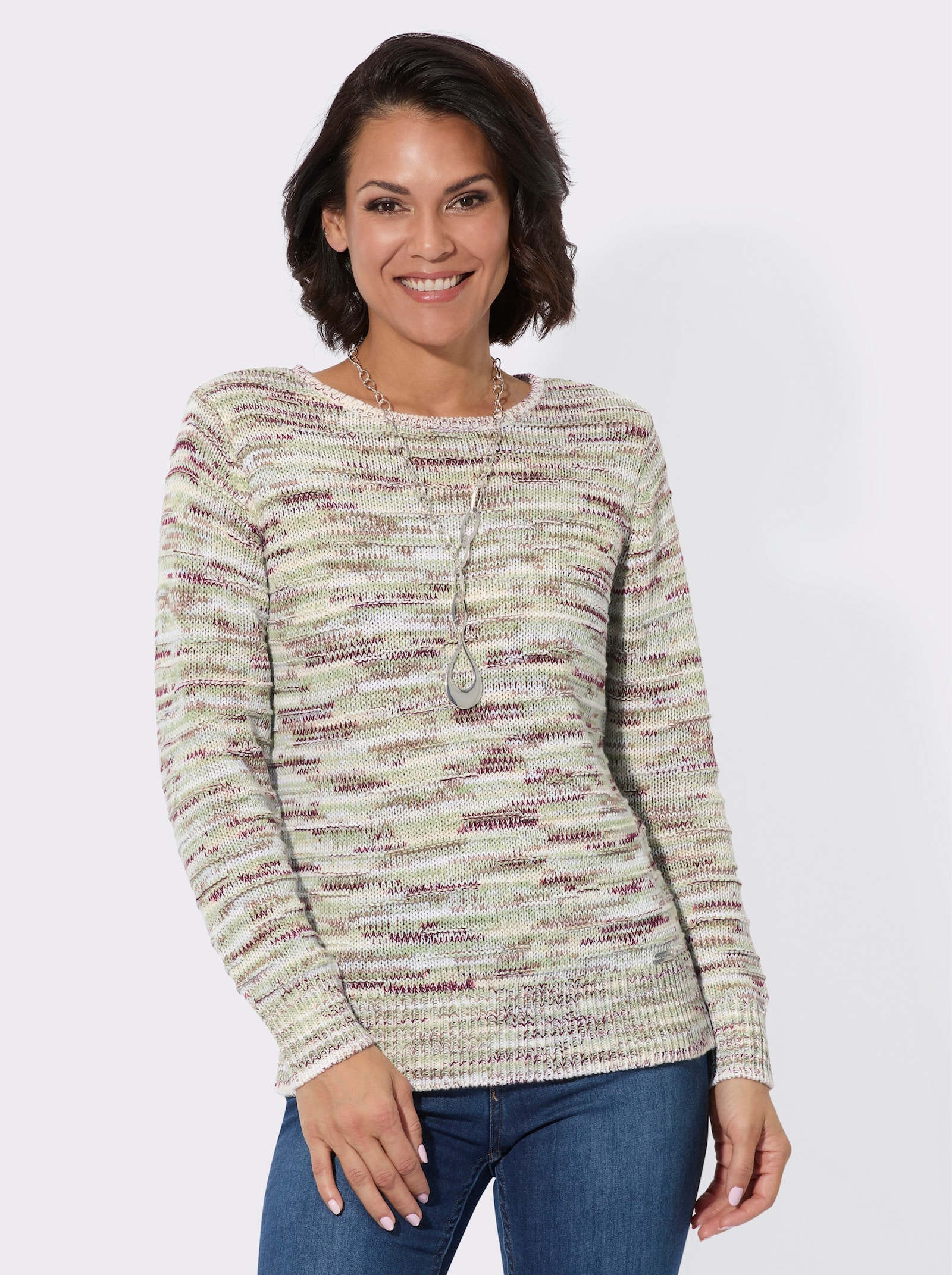 Pullover im Baumwoll-Mix - ecru-eucalyptus-gemustert