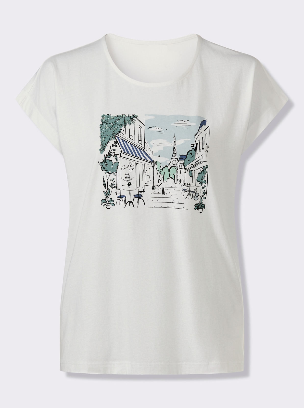 Rundhalsshirt mit Paris-Motiv - ecru-hellblau-bedruckt