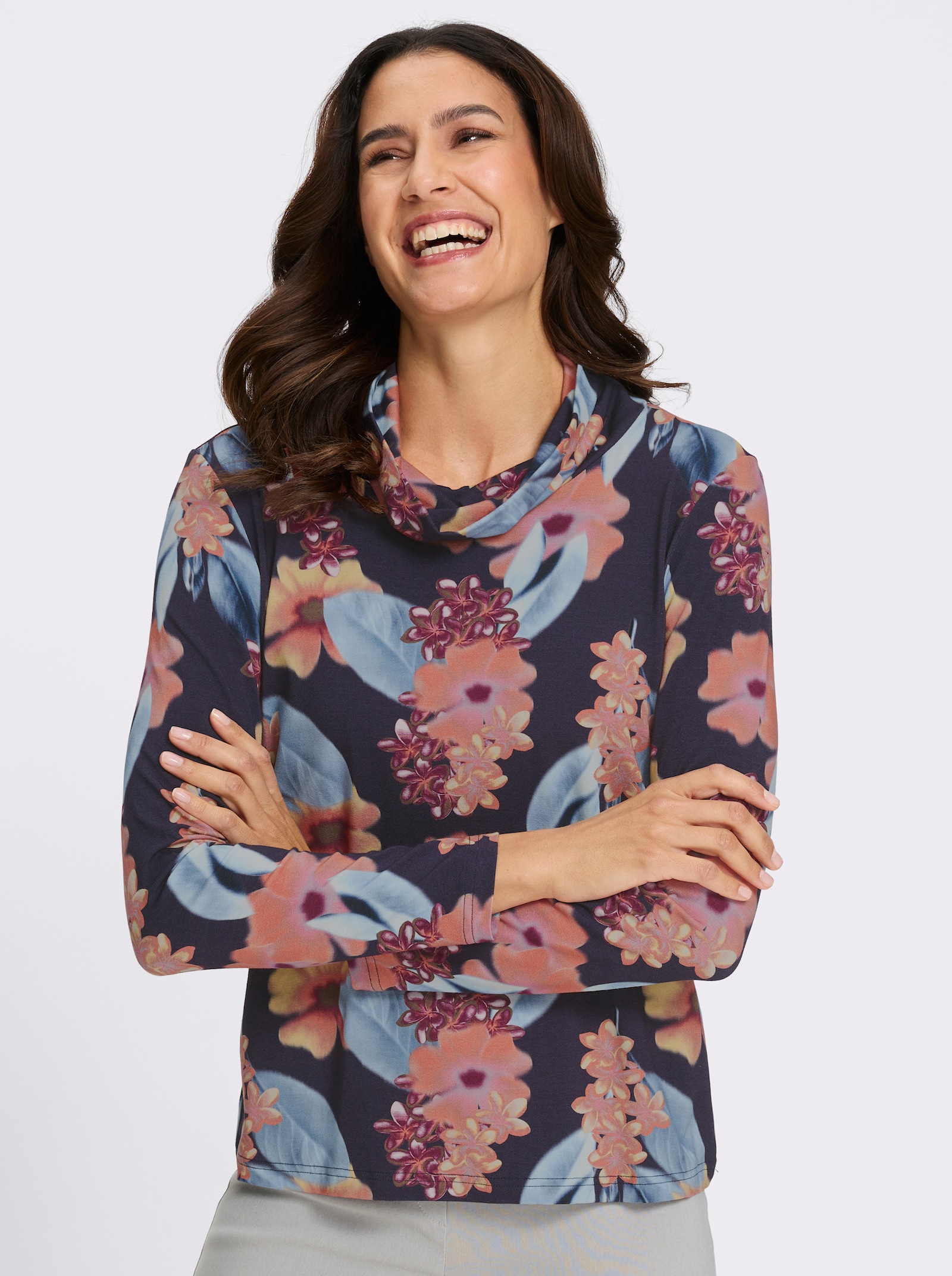 Rollkragenshirt mit großen Blüten - marine-papaya-bedruckt