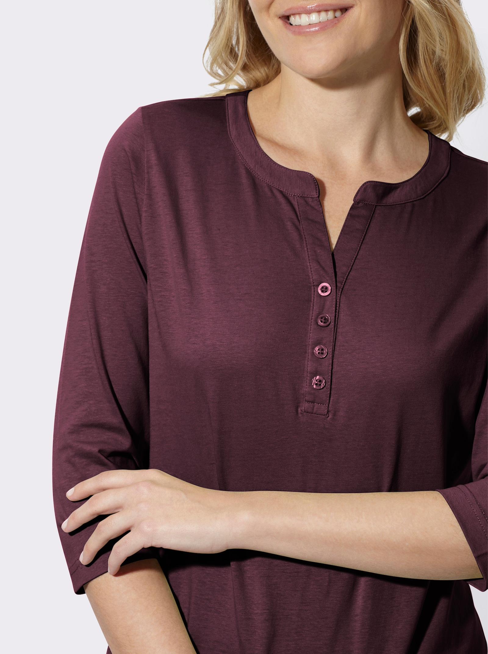 3/4-Arm-Shirt mit kurzer Knopfleiste - burgund