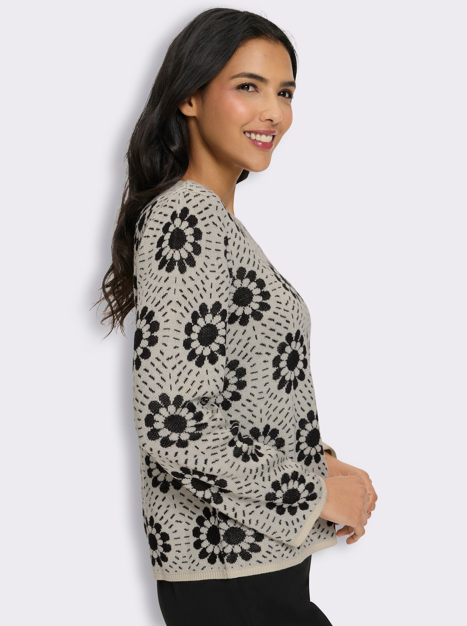 Jacquard-Pullover mit Blumen-Muster - champagner-schwarz-gemustert