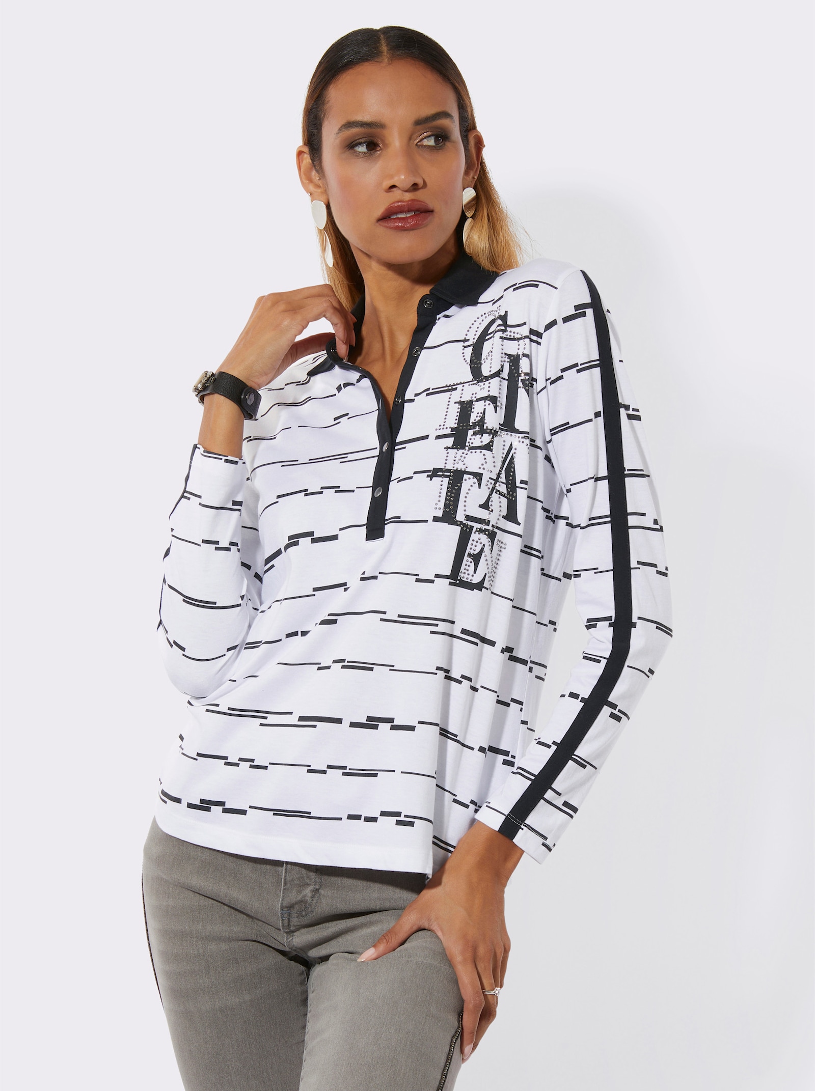 Poloshirt mit glänzenden Ziersteinchen - weiß-schwarz-geringelt