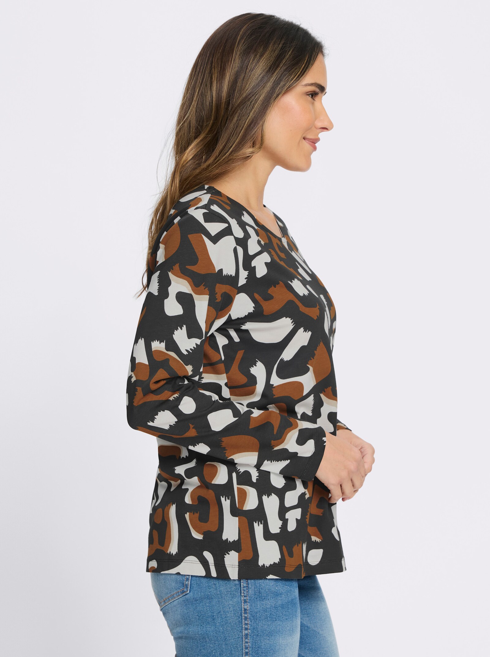 Langarmshirt mit grafischem Druck - schwarz-cognac-bedruckt