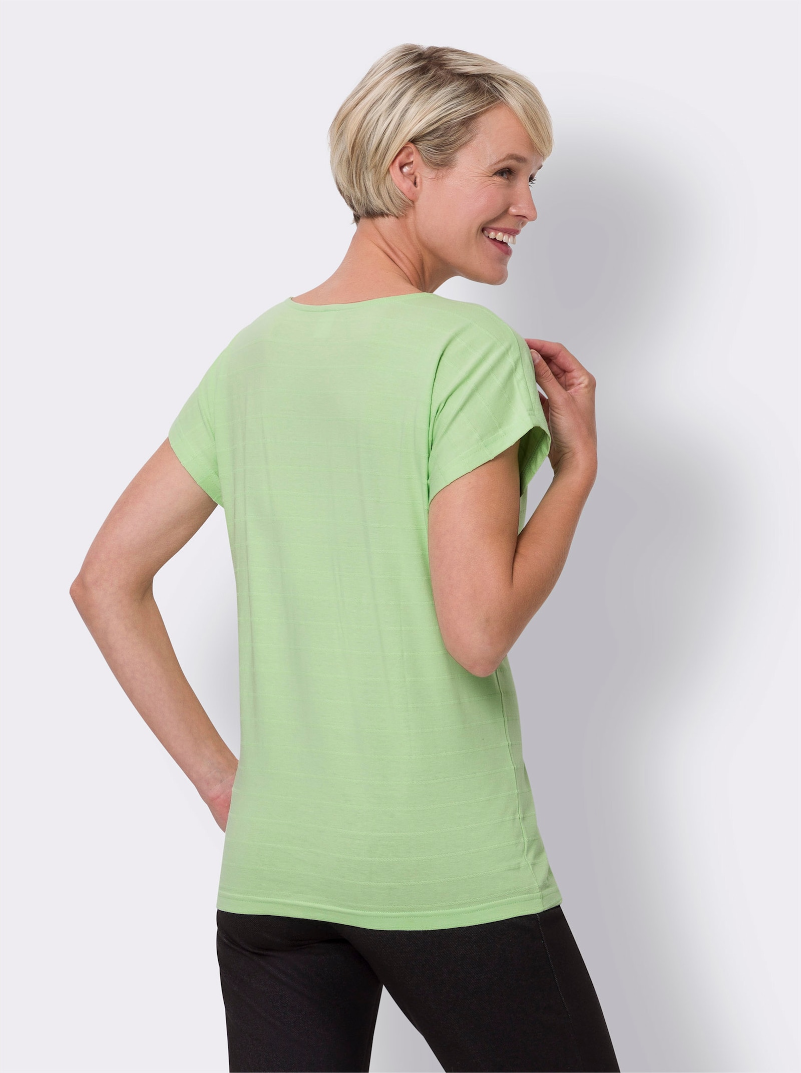 Tričko s okrúhlym výstrihom so štruktúrnym pruhovaným vzorom - Rezedová