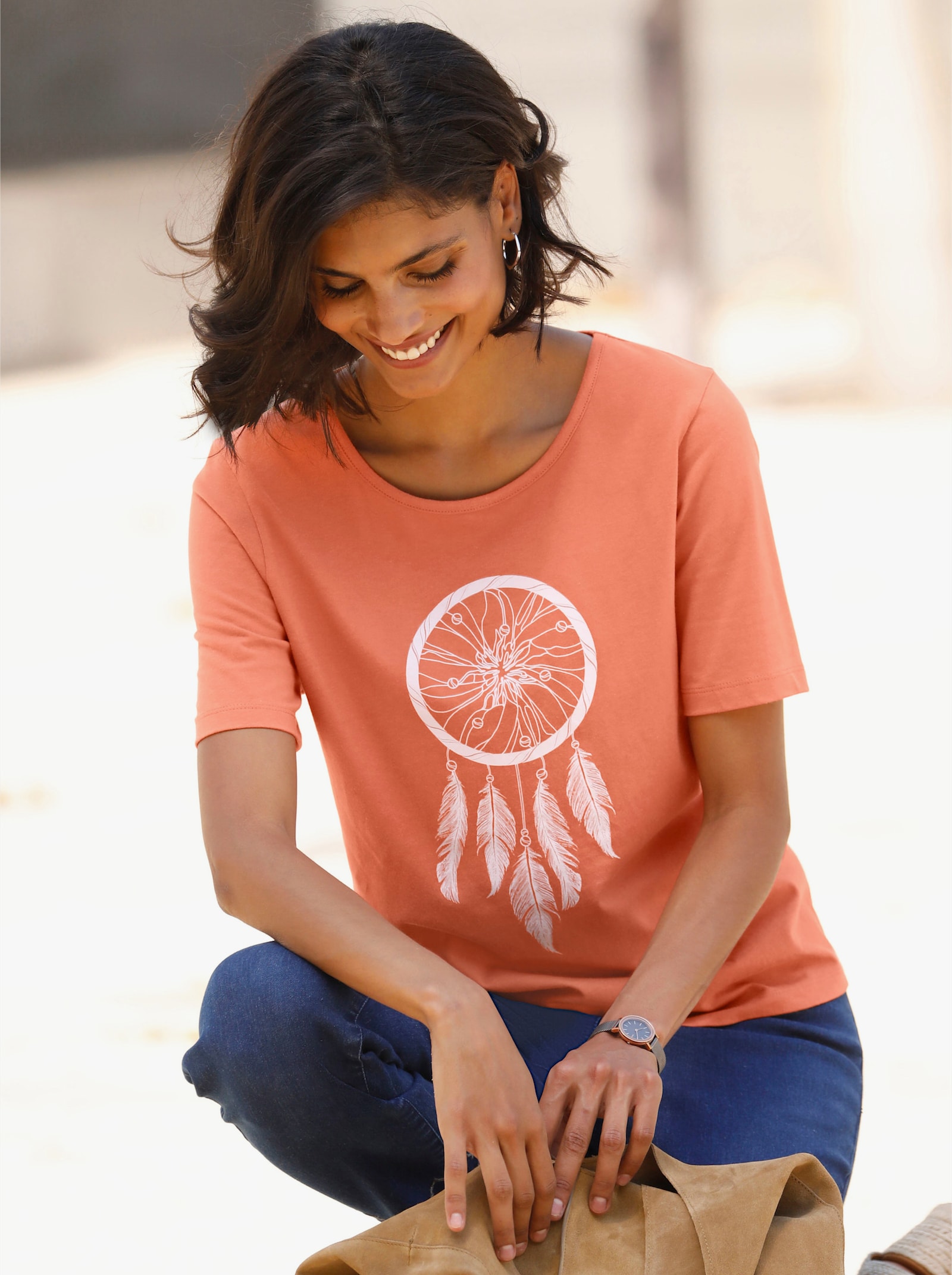 Kurzarmshirt mit Ethno-Motiv - papaya-ecru