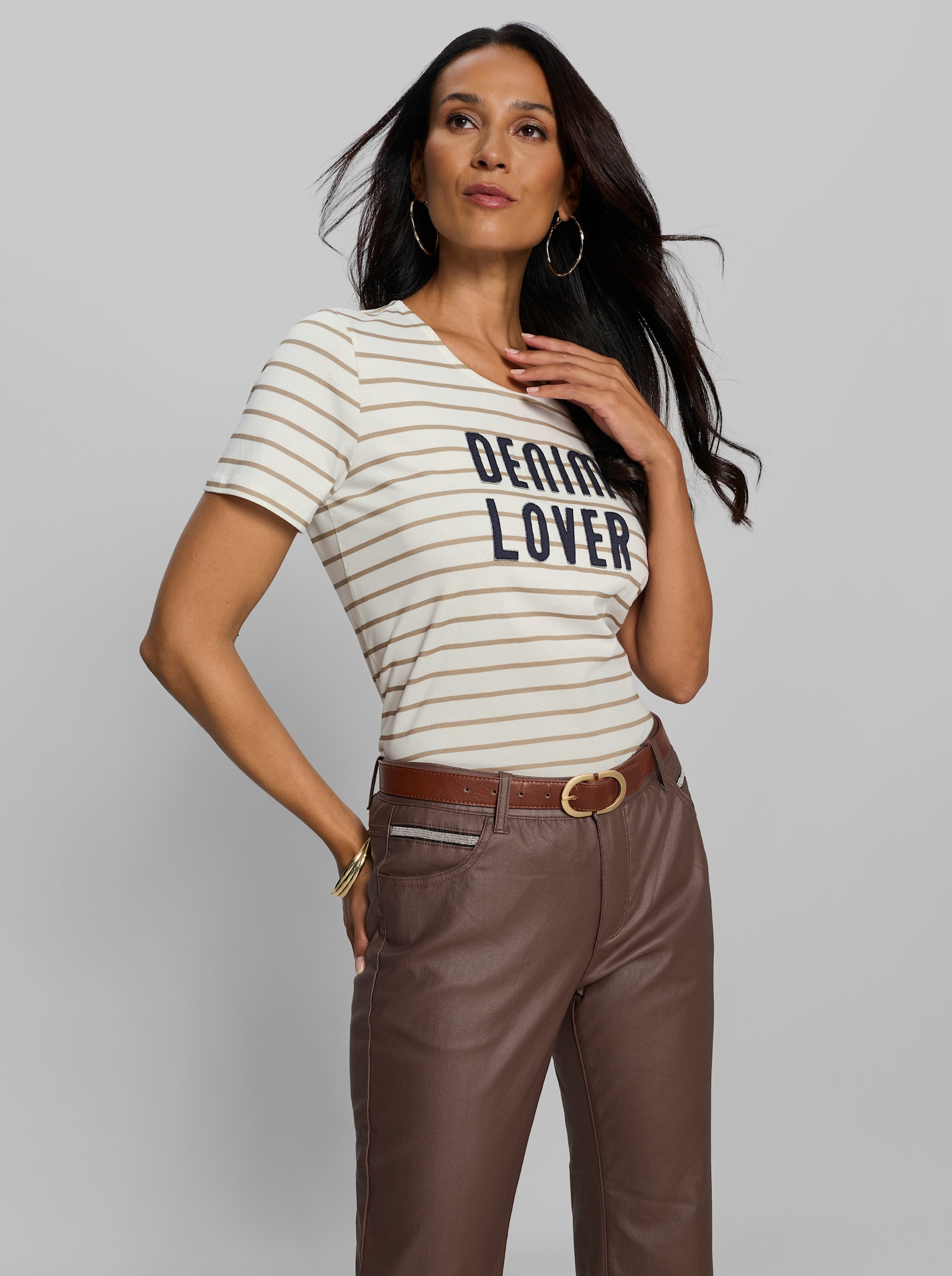 heine Kurzarmshirt im Ringel-Dessin - ecru-beige-geringelt