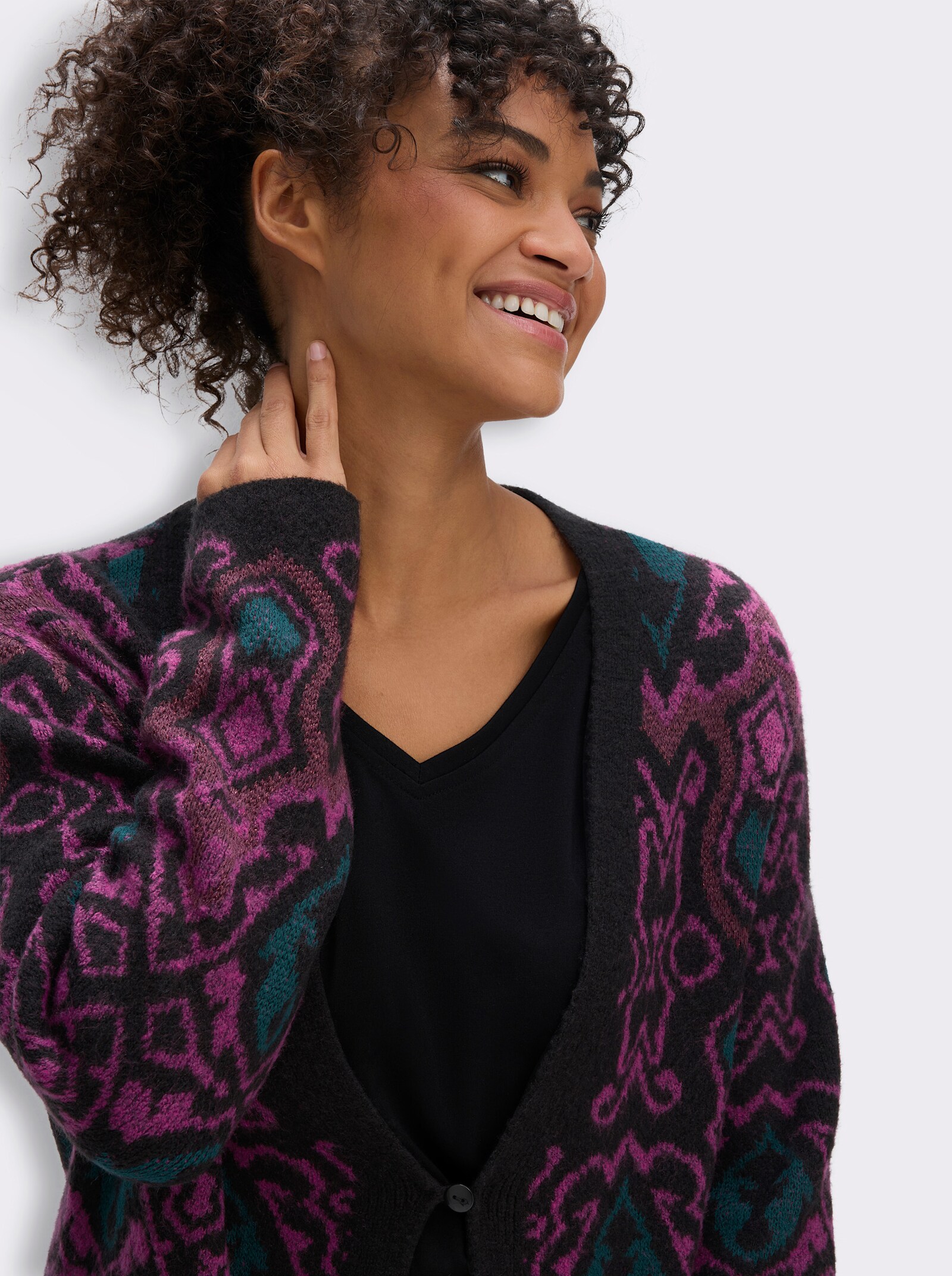 sheego Strickmantel mit Jacquard-Muster - erika-burgund-gemustert