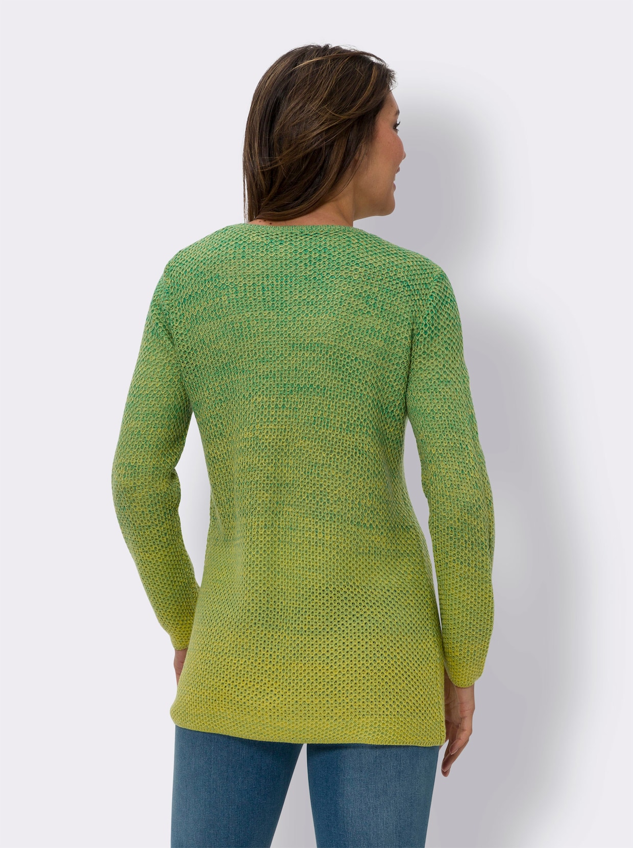 Dlouhý pletený kabátek - zelená-citronová-vzor
