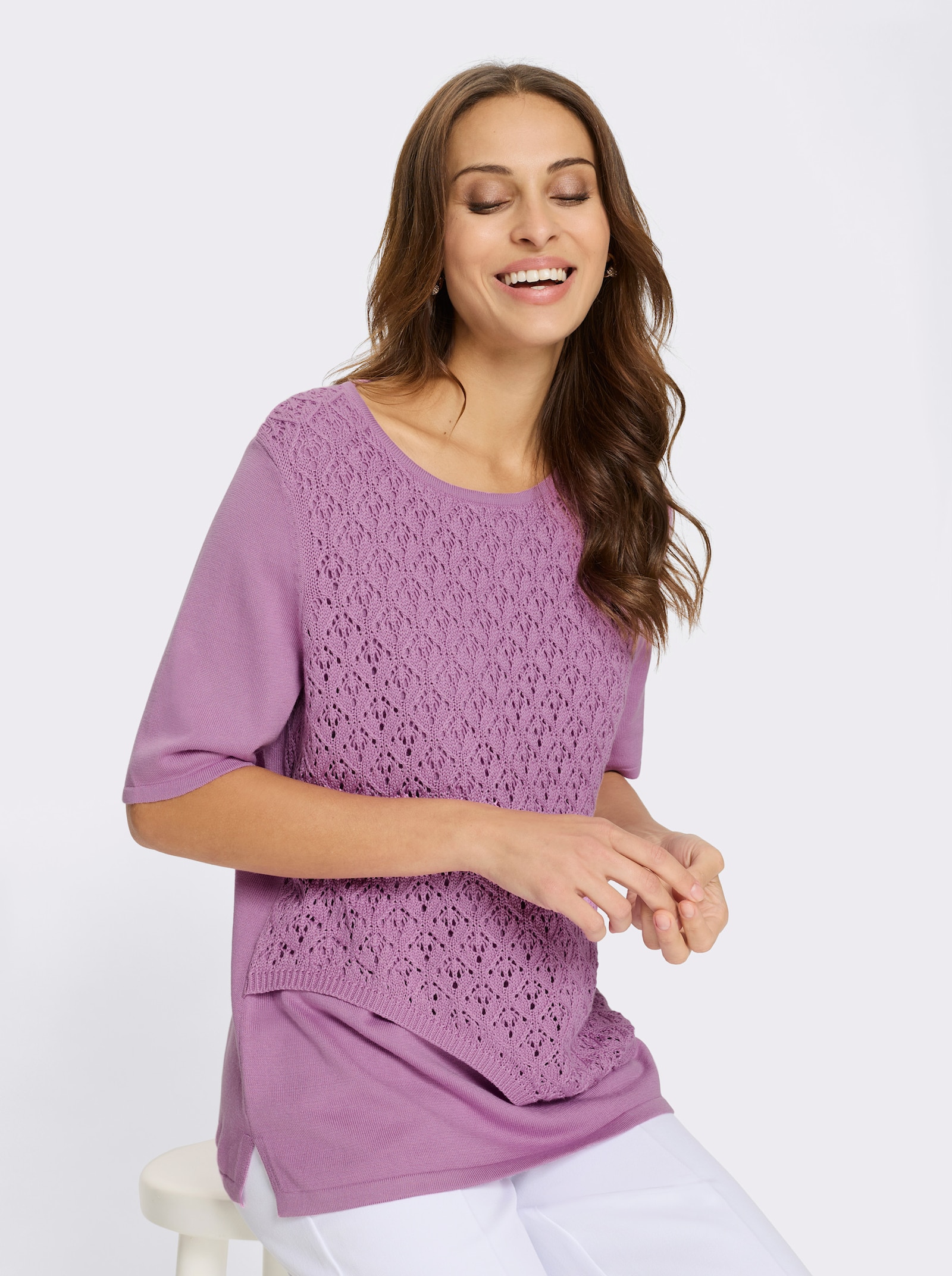 2-in-1-Pullover mit Ajourmuster-Einsatz - orchidee