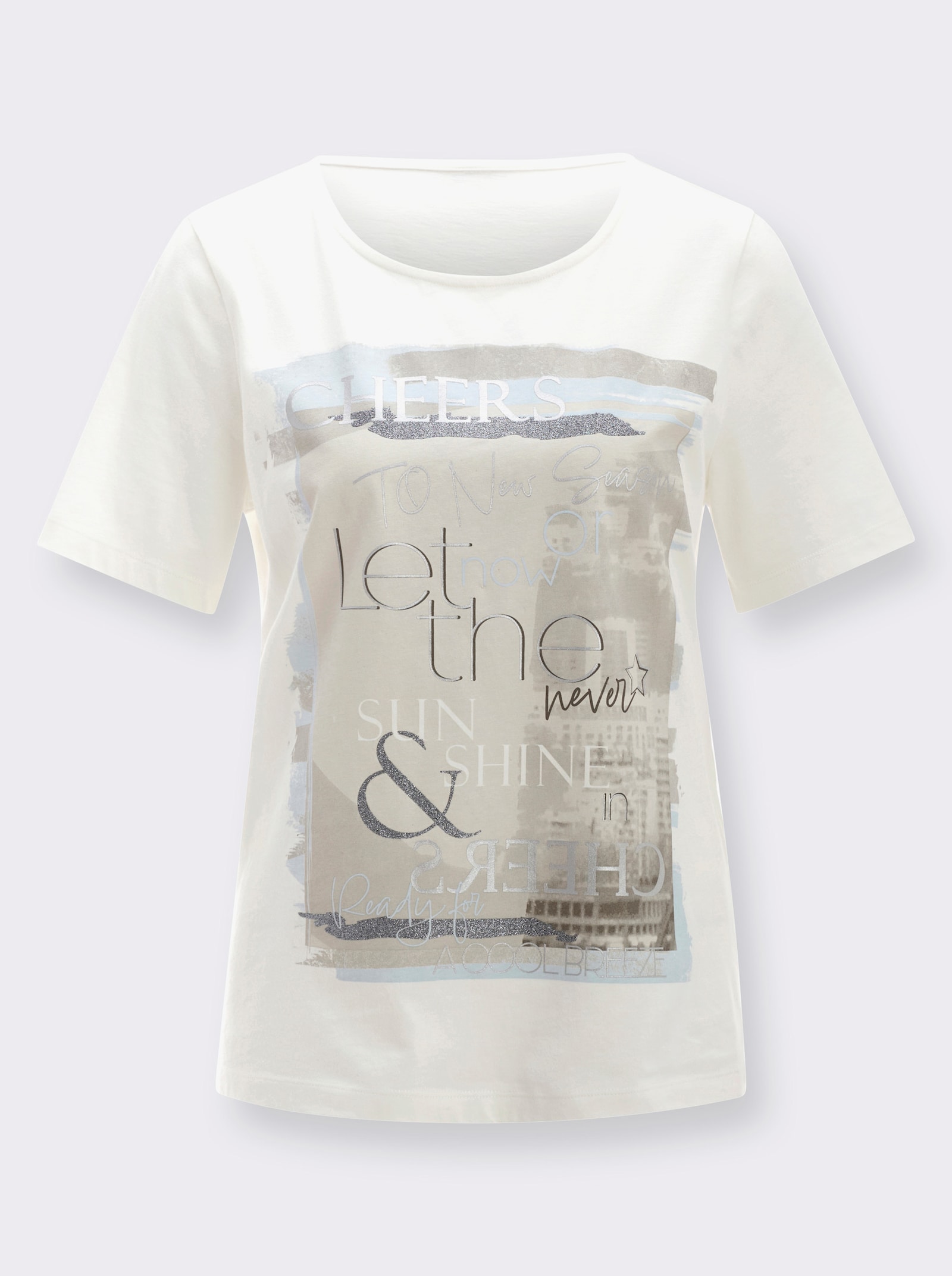 Kurzarmshirt mit Glitzerdruck - ecru-steingrau