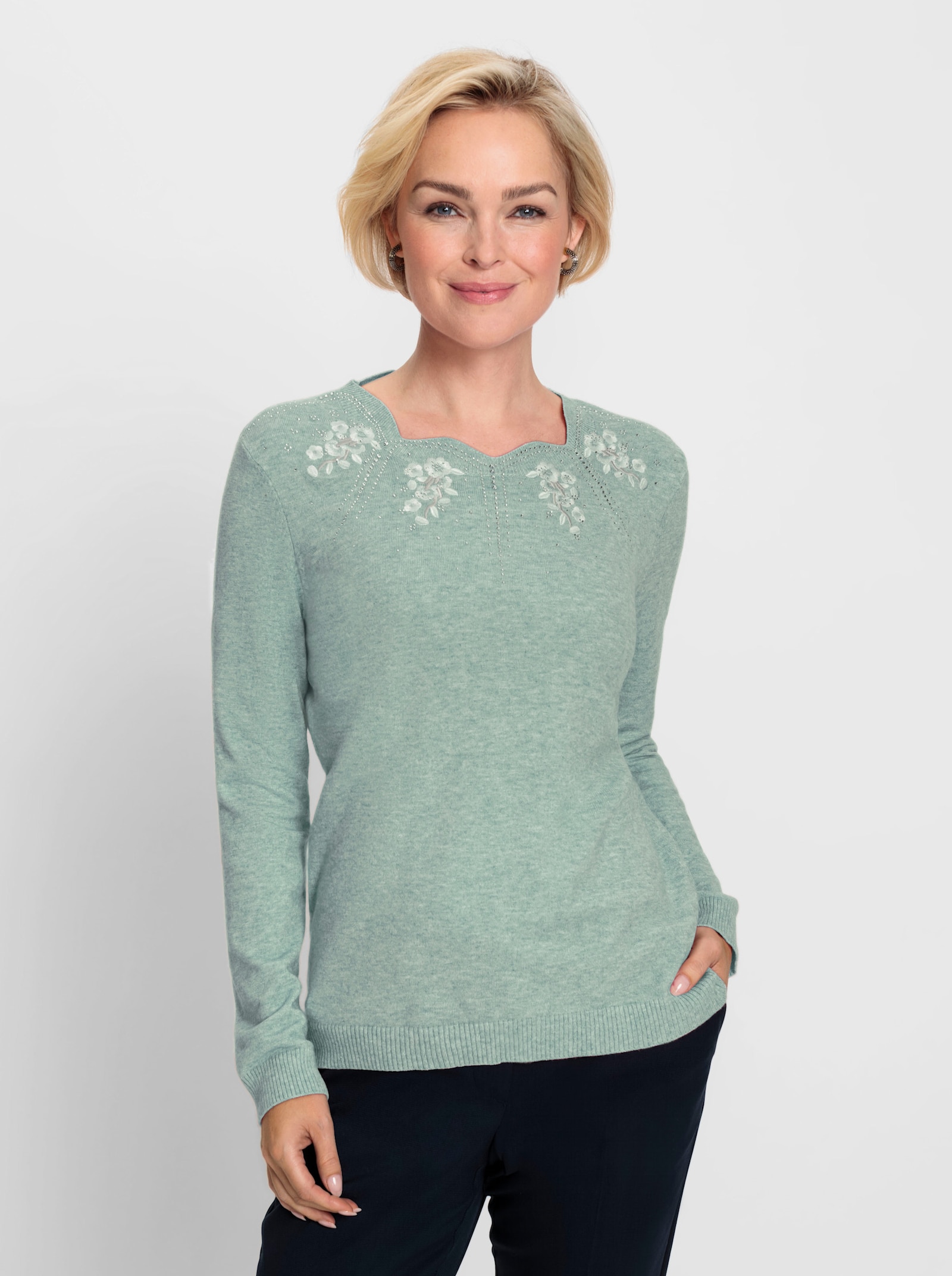 Langarm-Pullover mit Glitzersteinchen - kalkmint-meliert