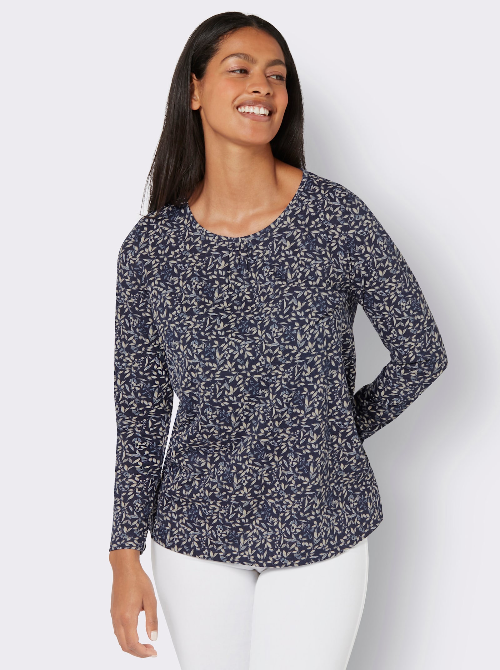 Langarmshirt mit Blüten-Dessin - marine-rauchblau-bedruckt