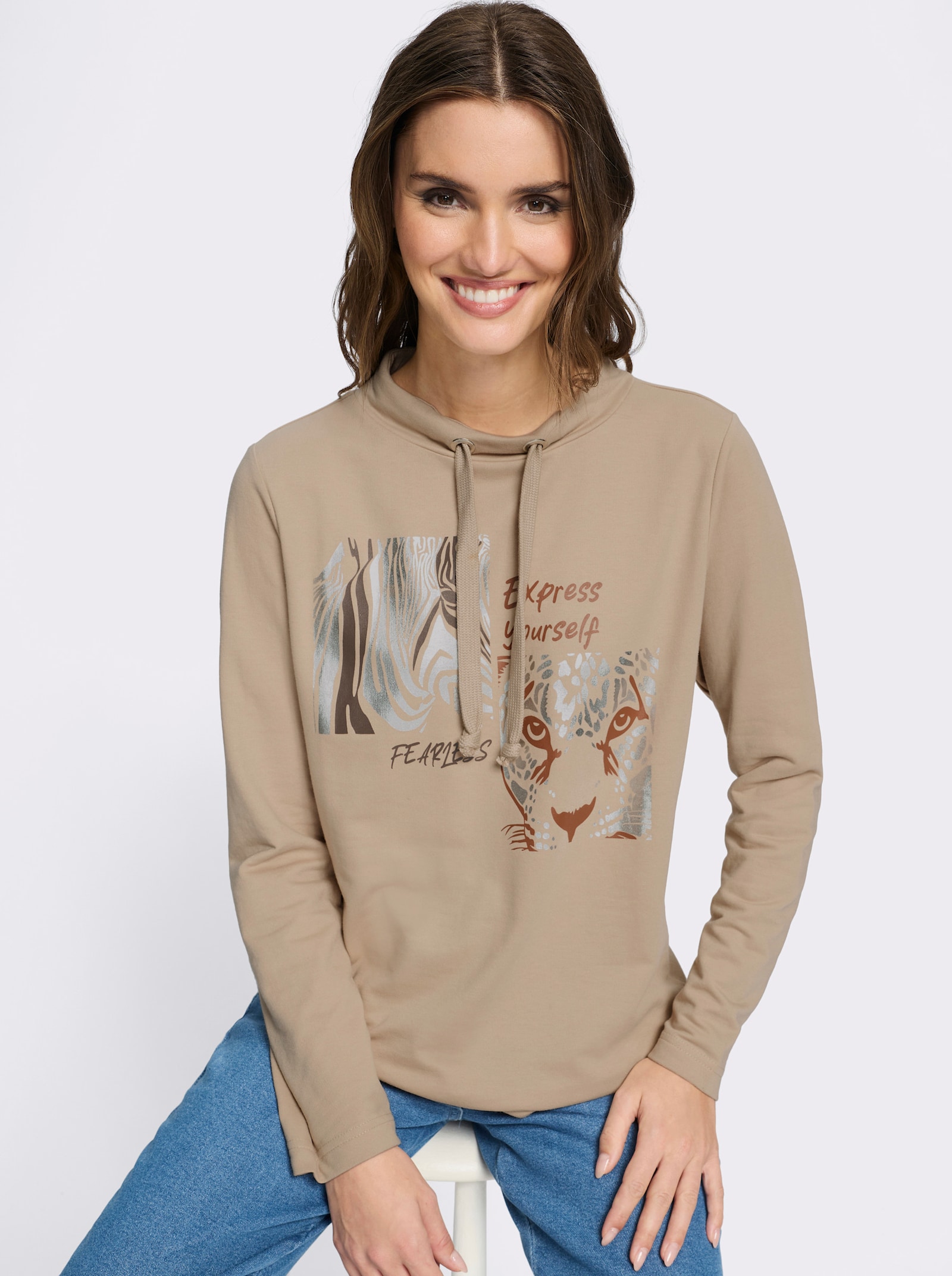 Sweatshirt mit Leo- und Folien-Print - beige-schoko