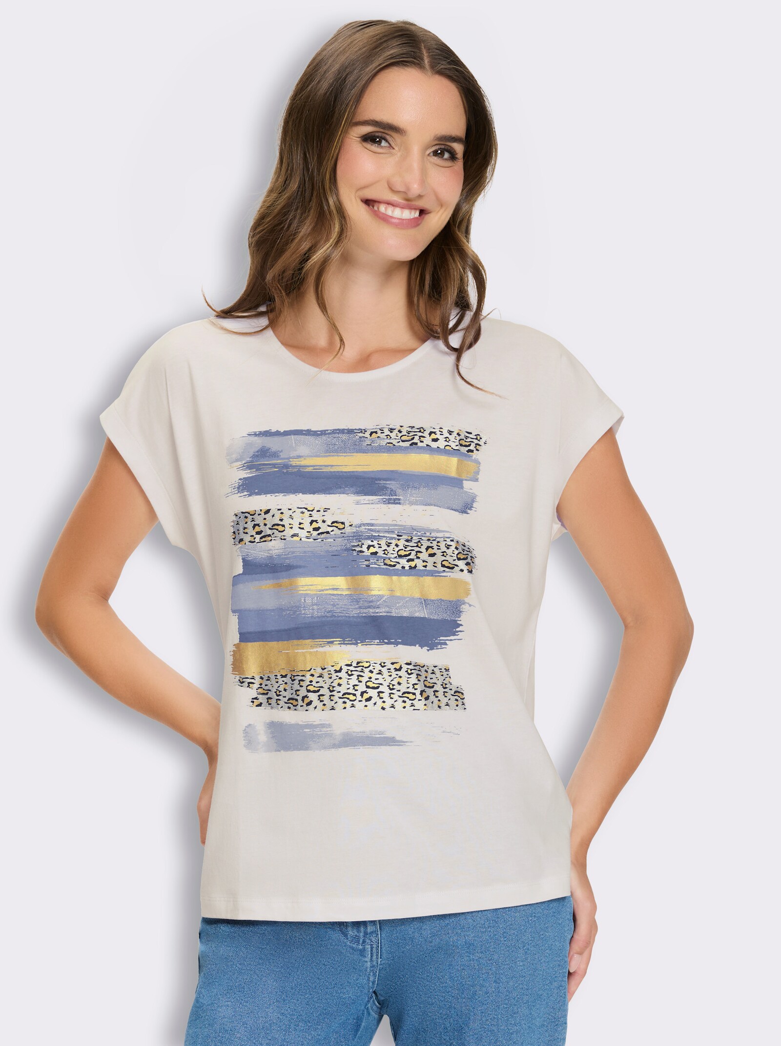 Kurzarmshirt mit Foliendruck - weiß-jeansblau