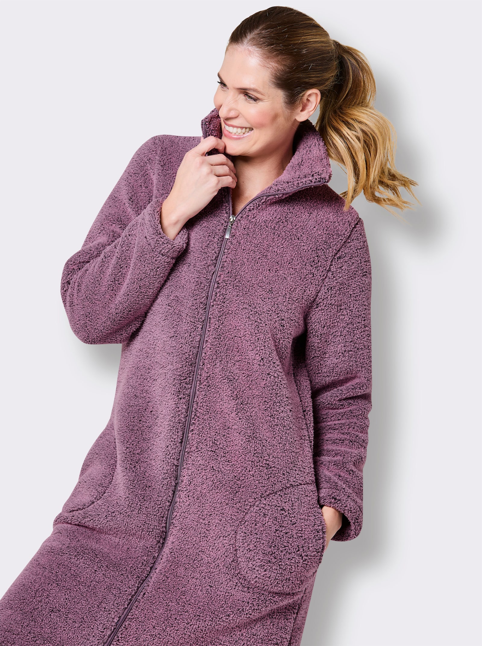 Plantier Damenbademantel aus Teddy-Fleece - altrosa-meliert