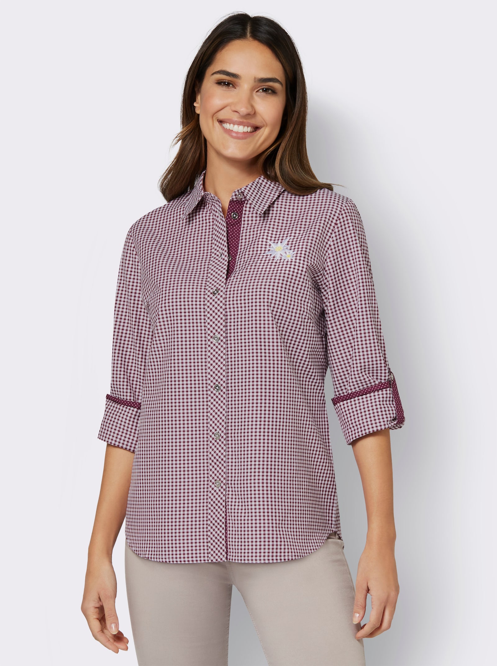 Folkloreblouse met in lengte verstelbare mouwen - bordeaux geruit