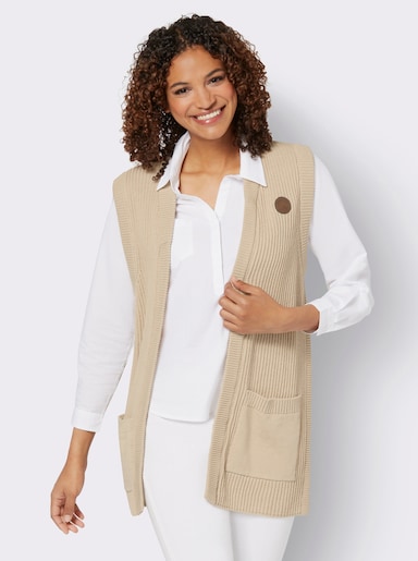 Strickweste in Longform, gerippt - sand