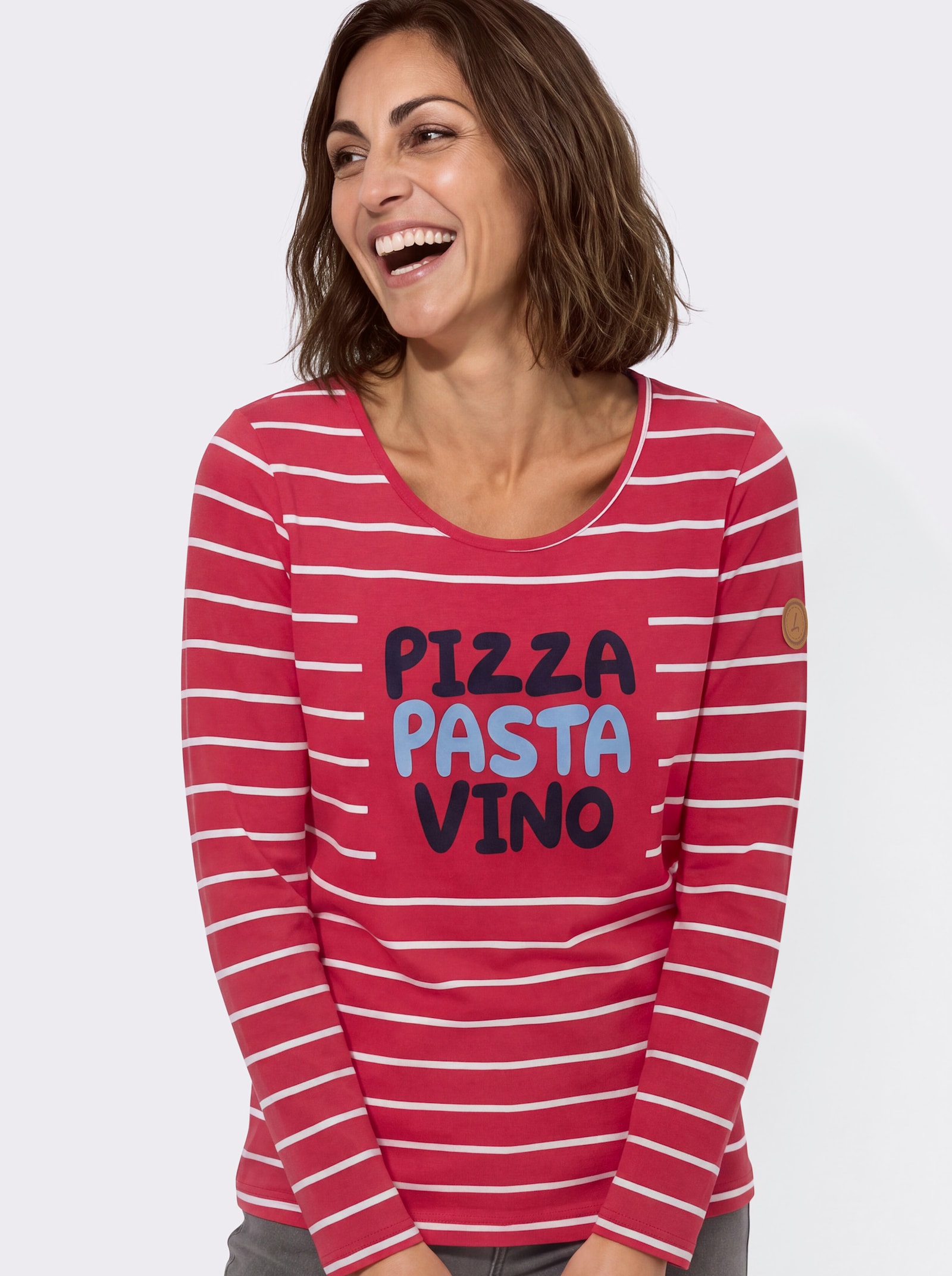 Ringelshirt mit Frontdruck - erdbeere-weiß-geringelt