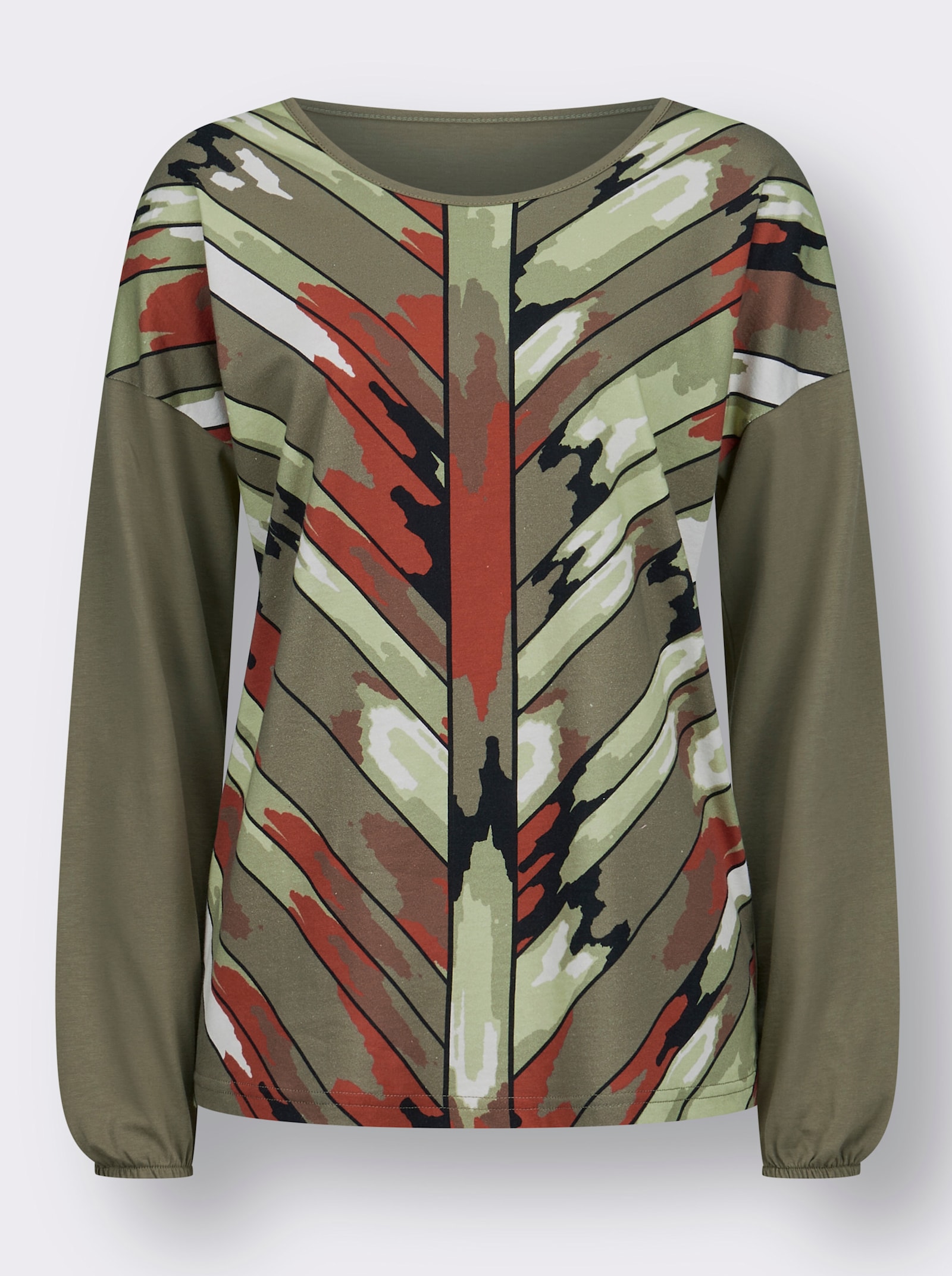 Langarmshirt mit Druck im Vorderteil - khaki-rostrot-bedruckt