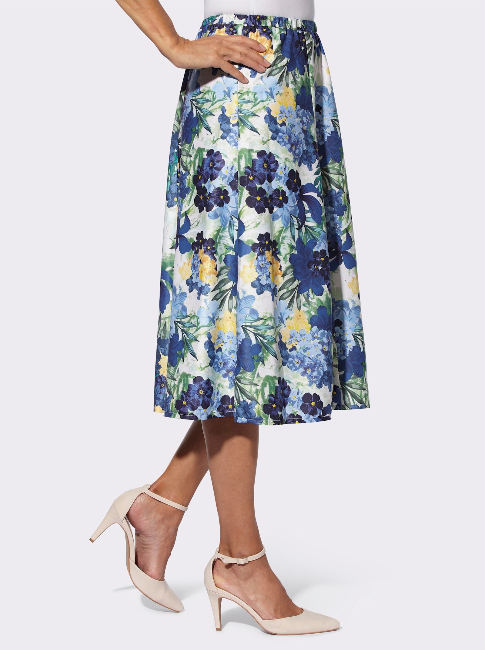 Schlupfrock in schwingender Bahnenform - royalblau-smaragd-bedruckt