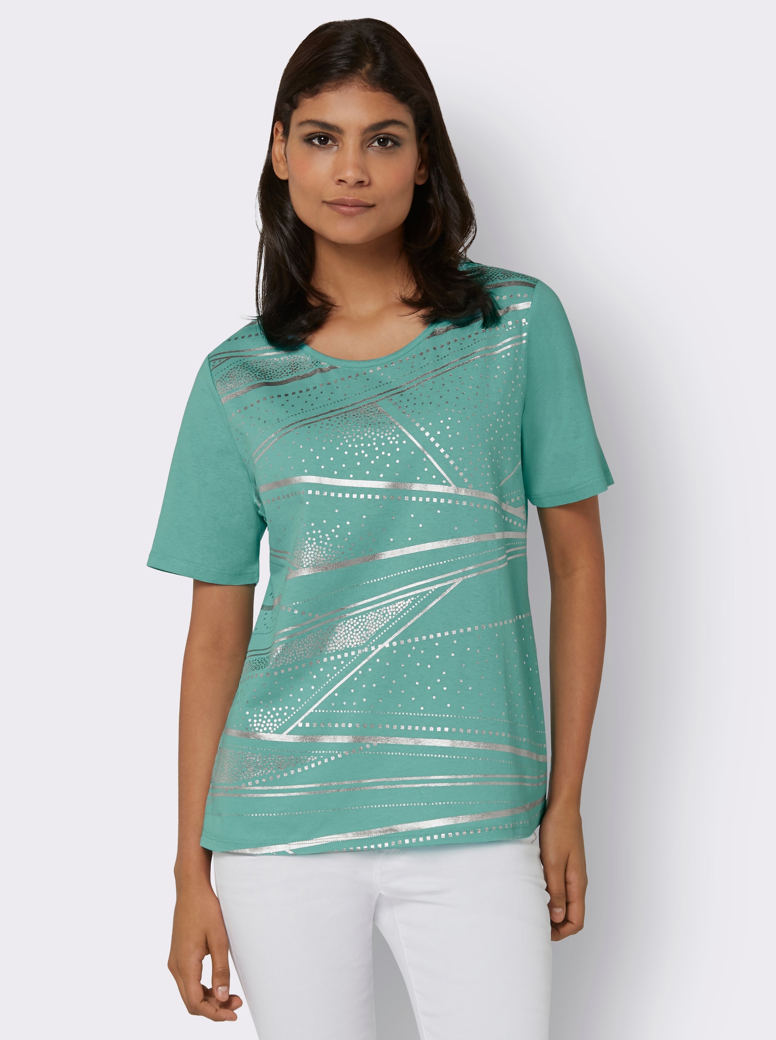 Kurzarmshirt mit Folien-Print - salbei