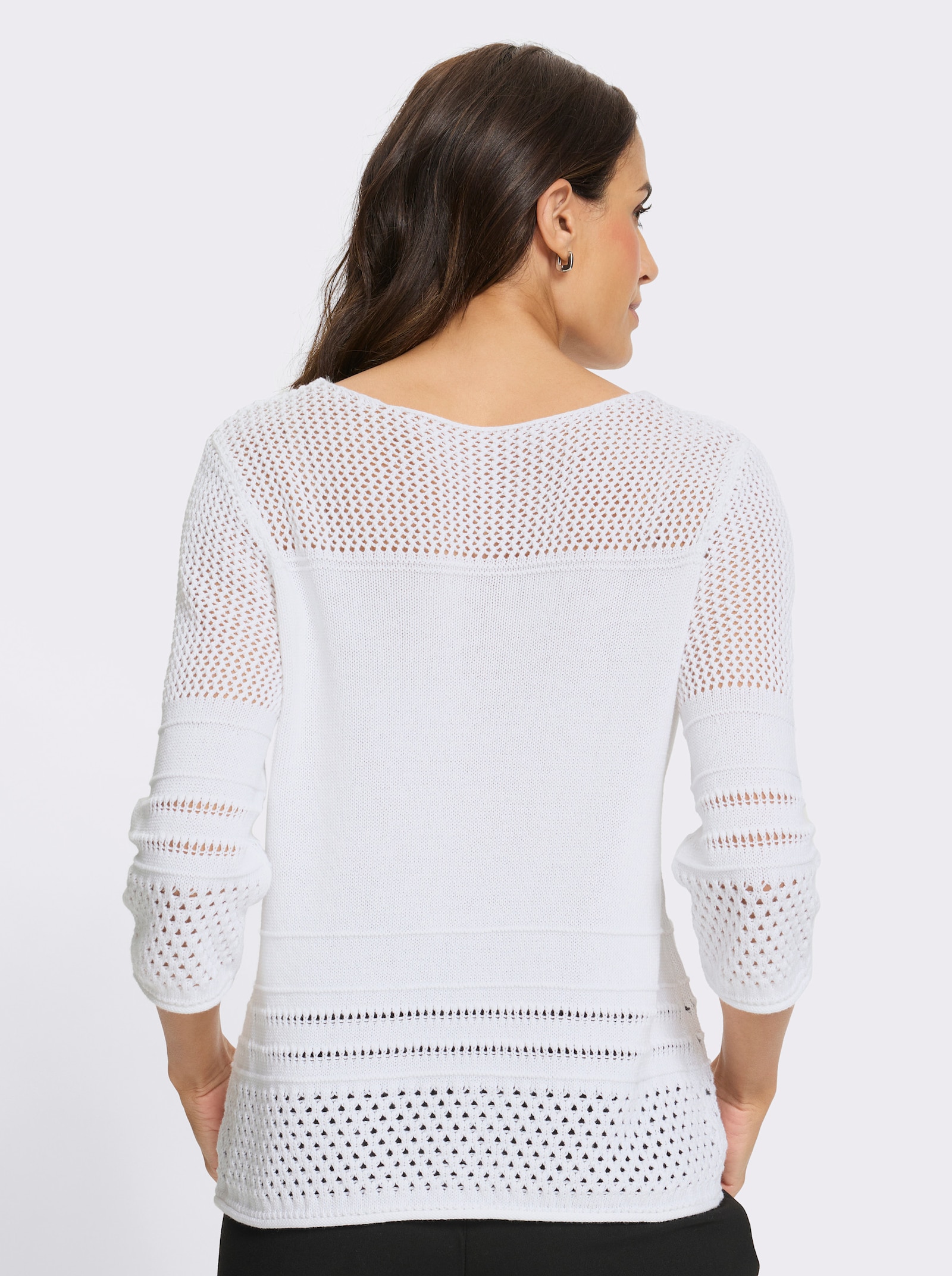 Ajourpullover mit Rollkanten - weiss