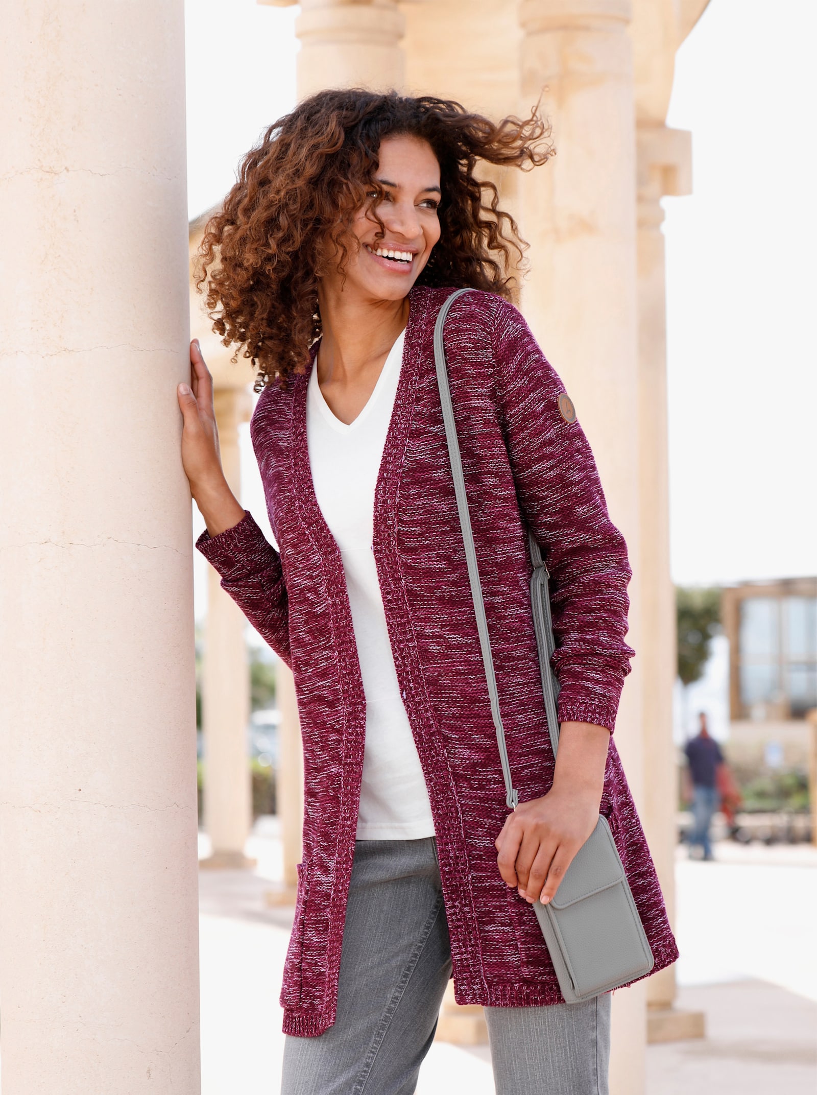 Strickjacke in Longform, meliert - bordeaux-meliert