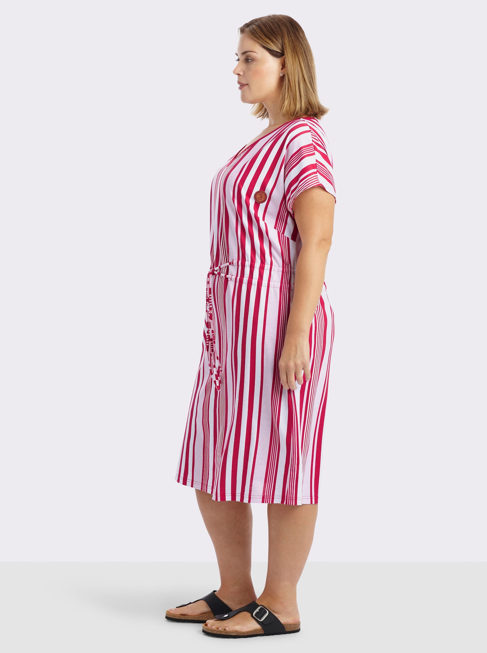 sheego Jerseykleid mit Streifenmuster und Bindeband - weiß-rot-gestreift