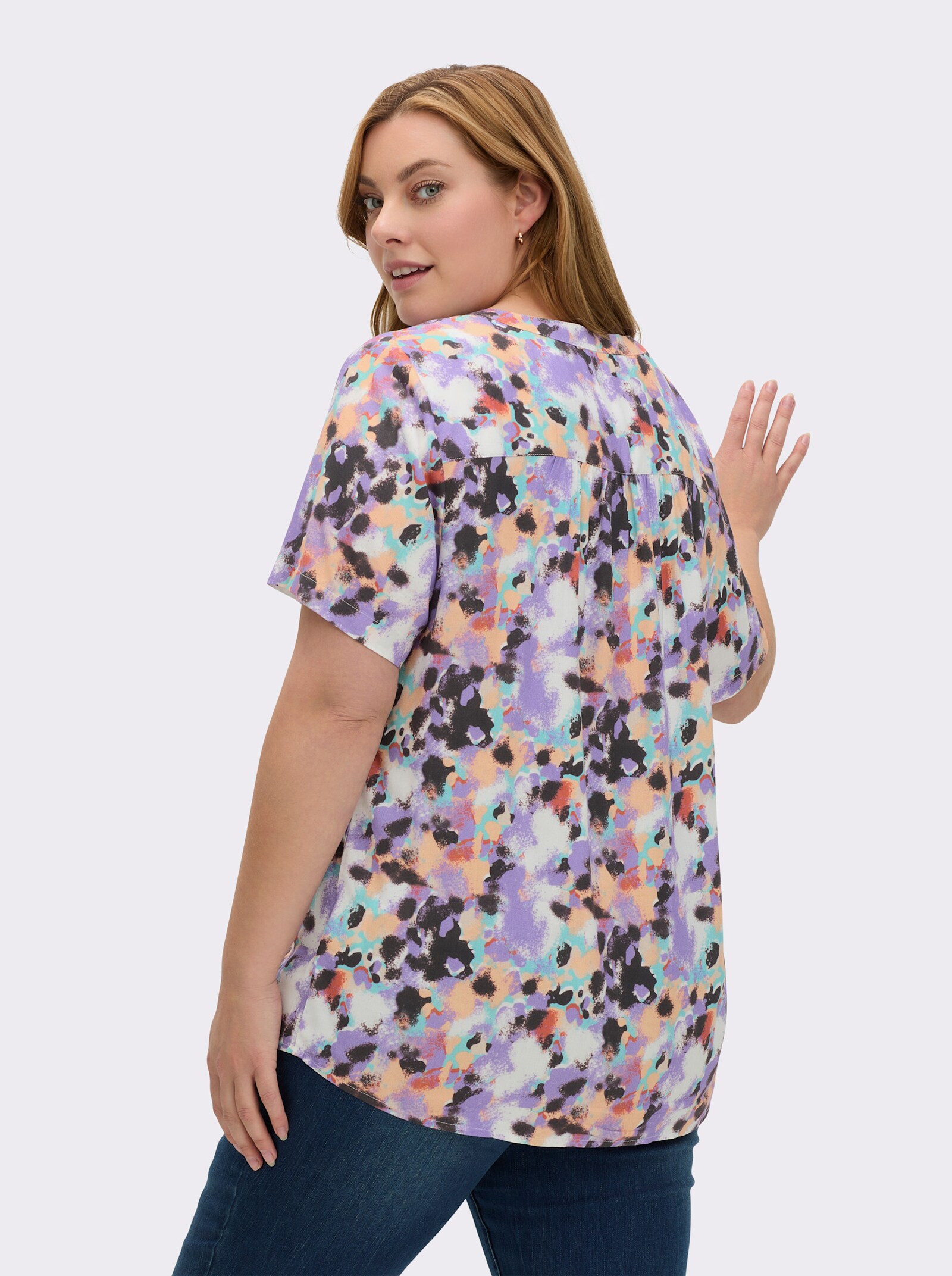 Druckbluse in gewebter Qualität - apricot-lavendel-bedruckt