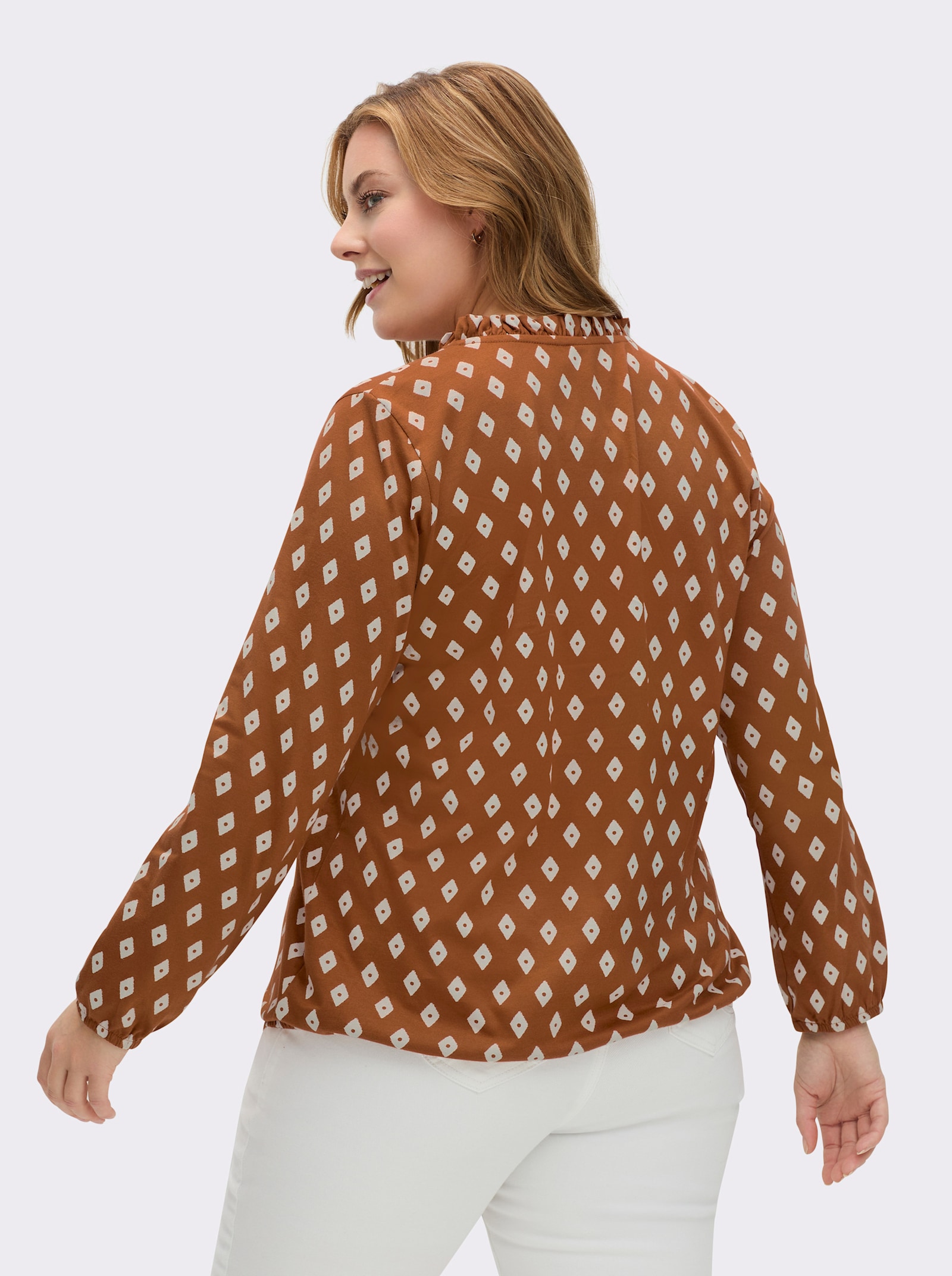 Langarmshirt mit Rüschen am Ausschnitt - cognac-ecru-bedruckt