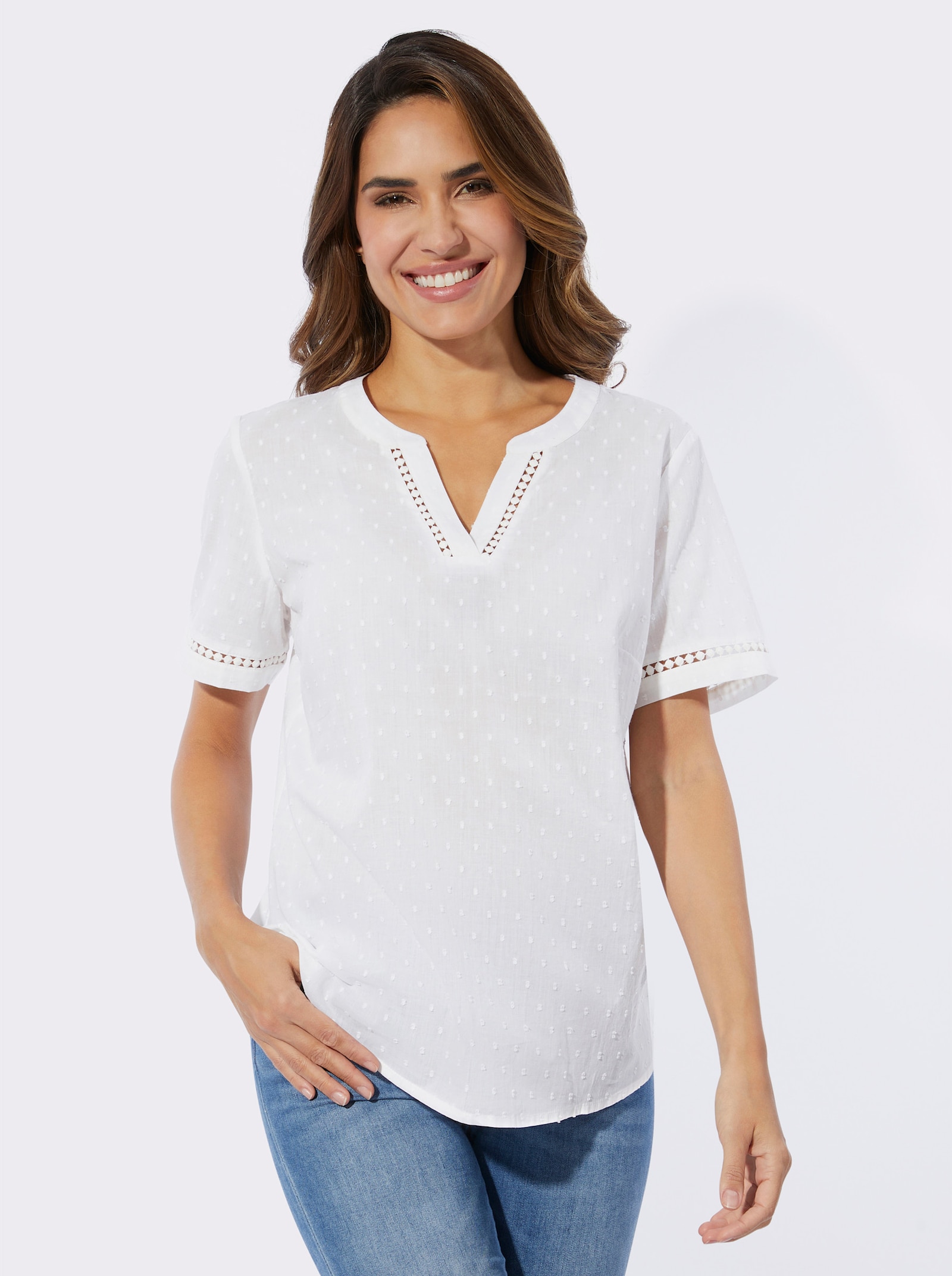 Navlékací halenka s puntíkovanou krajkou - bílá