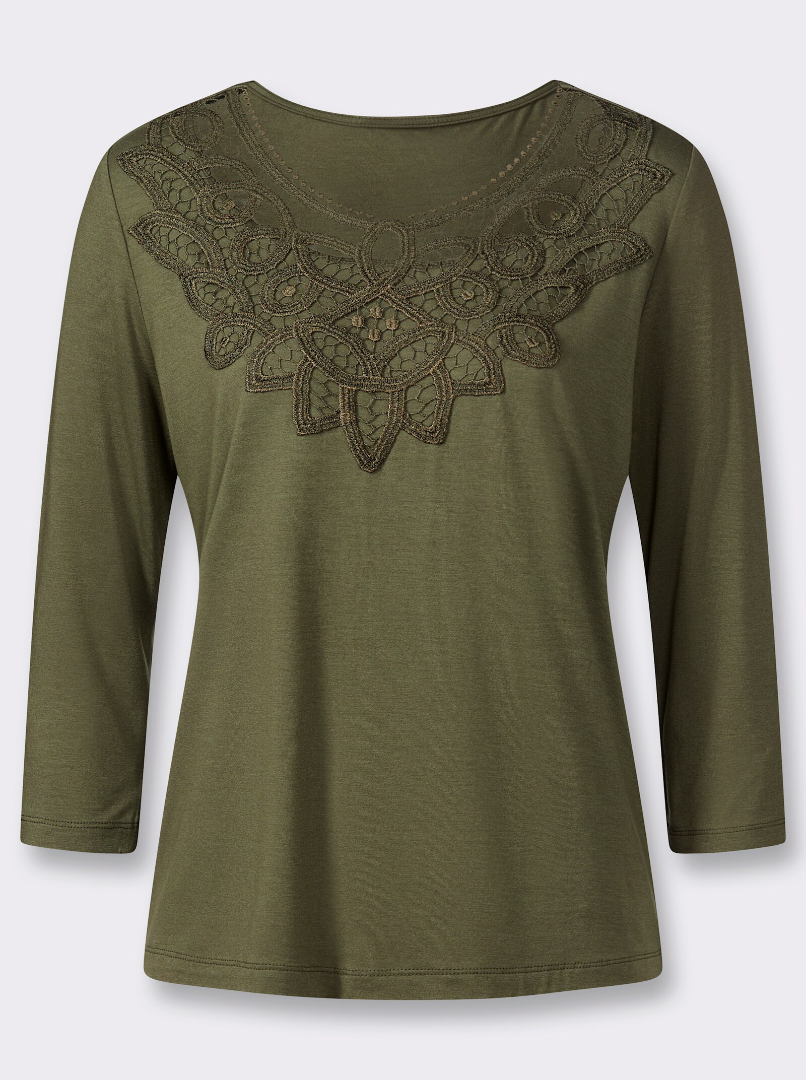 3/4-Arm-Shirt mit Spitze am Ausschnitt - oliv