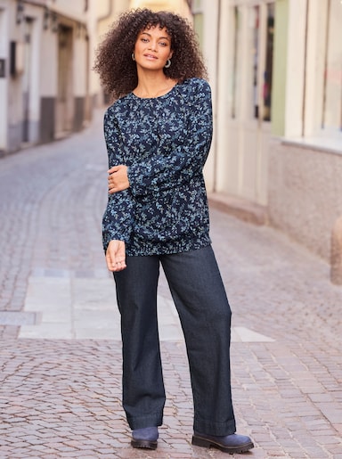 sheego Tunika mit Blumenprint und Gummizugsaum - tiefblau-eisblau-bedruckt